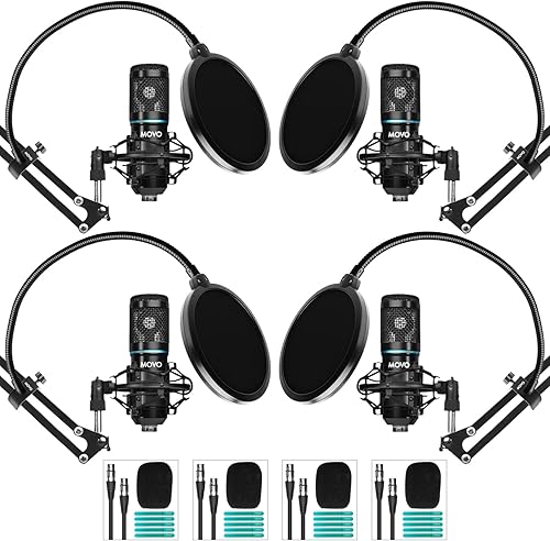Movo PodPak4A - Paquete de 4 equipos de podcast de micrófono de condensador universal XLR para 4, incluye micrófonos cardioides, soportes de montaje