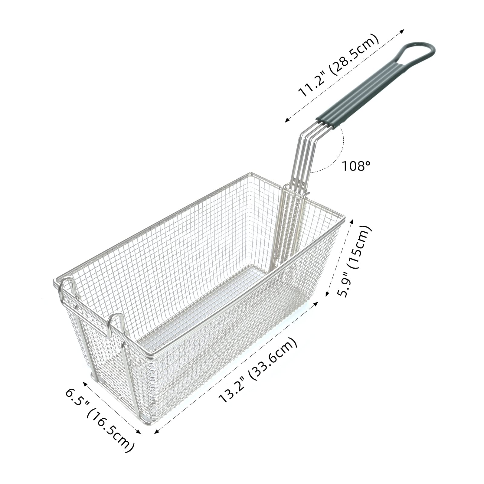 2 cestas para freidora profunda con ganchos frontales, mango antideslizante, cesta de 13.2 x 6.5 x 5.9 pulgadas y cesta de drenaje frito profundo de 11.2 pulgadas para freidora de suelo, fácil