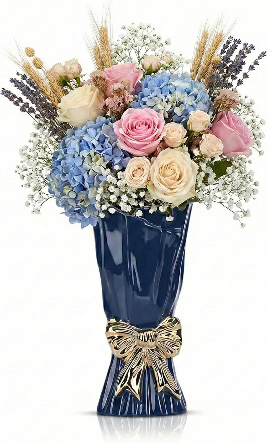 9.1in H Glossy Blue and Gold Bow Vase Home Decor, Elegant Ceramic Bow Flower Vase for Bouquet or Long Stem Roses Decorative, Unique Vase with Bows for Pampas Grass Shelf Table Entryway Centerpiece