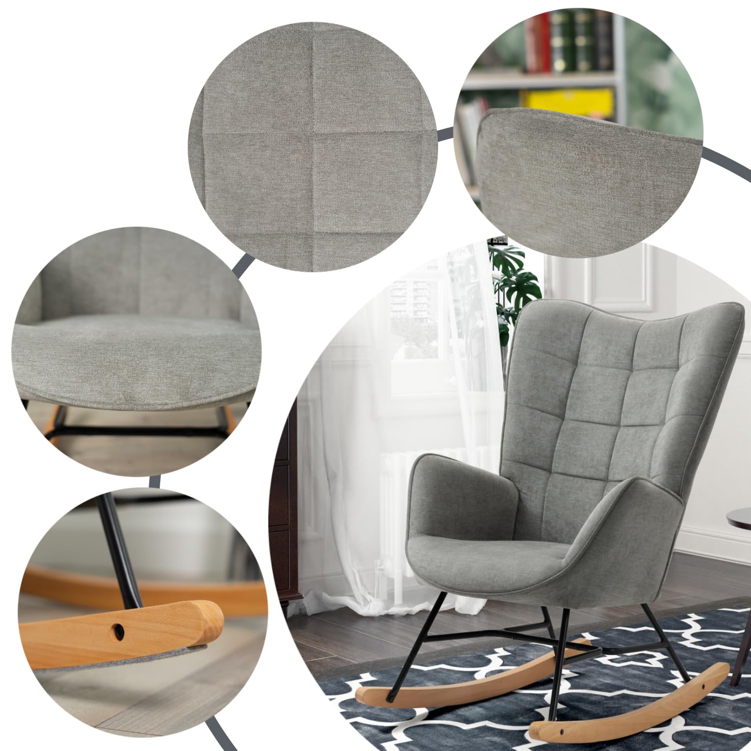 Fauteuil d'allaitement Grey avec Dossier Moelleux Tissu Style Scandinave Surpiqûres Fauteuil à Bascule pour Chambre de Bébé
