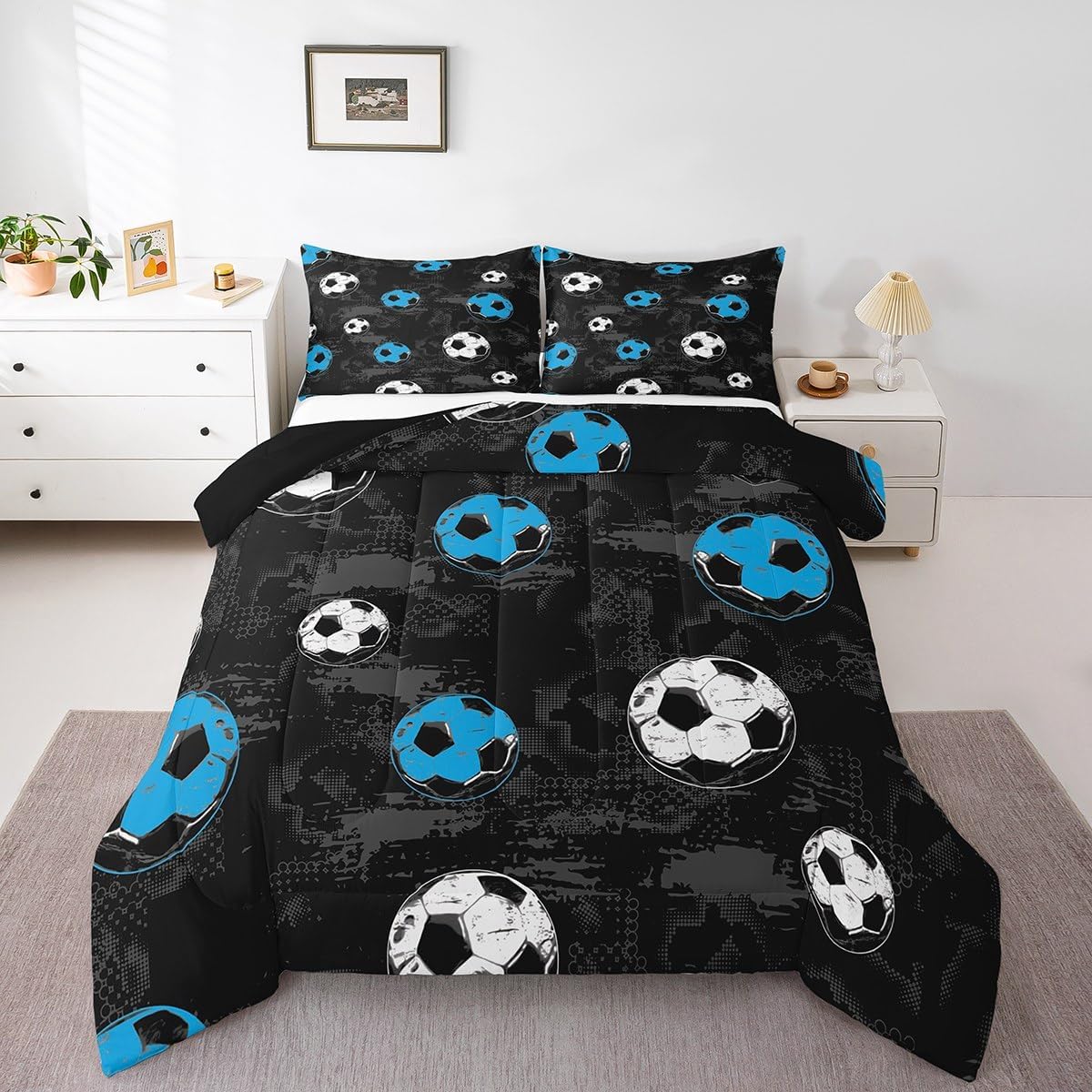 Football Bedding Set Boys Sport Balls Comforter Set for Kids Youth Adult, Black and White Soccer Duvet Insert Football Game Activity Bed Quilt Full Size, European Sport Bedroom Decor