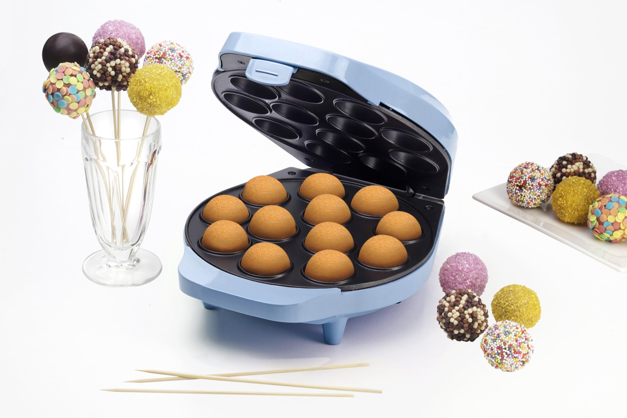 Bestron Gofrownica do 12 cake pop, w tym Cake Pop Butler, widelec i 12 Cake Pop Sticks, z powłoką nieprzywierającą, 700 W, kolor: Niebieski
