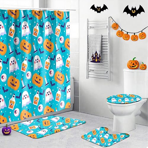 Miniatura 37 de Juego de 4 cortinas de ducha de Halloween, juego de baño de Halloween con cortina de ducha y alfombras, cubierta de tapa de inodoro, cortina de
