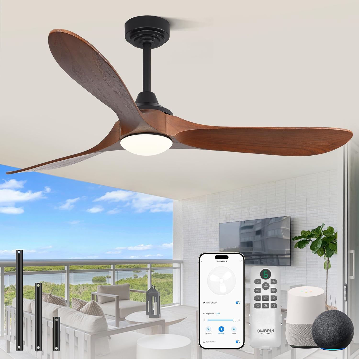 60 Inch Solid Wood Ceiling Fans with Lights,Smart Ceiling Fan with Light for Alexa,Google,APP,Indoor/Outdoor,3 Wood Blades,3CCT Dimmable,Dark Walnut Ceiling Fan for Patio Porch