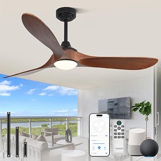 60 inch Outdoor Ceiling Fans with Lights,Smart Wood Ceiling Fan for Alexa,Google & APP Control,Indoor/Outdoor,3 Blades,3CCT Dimmable,Red Walnut,Downrod Mount for Patio Porch