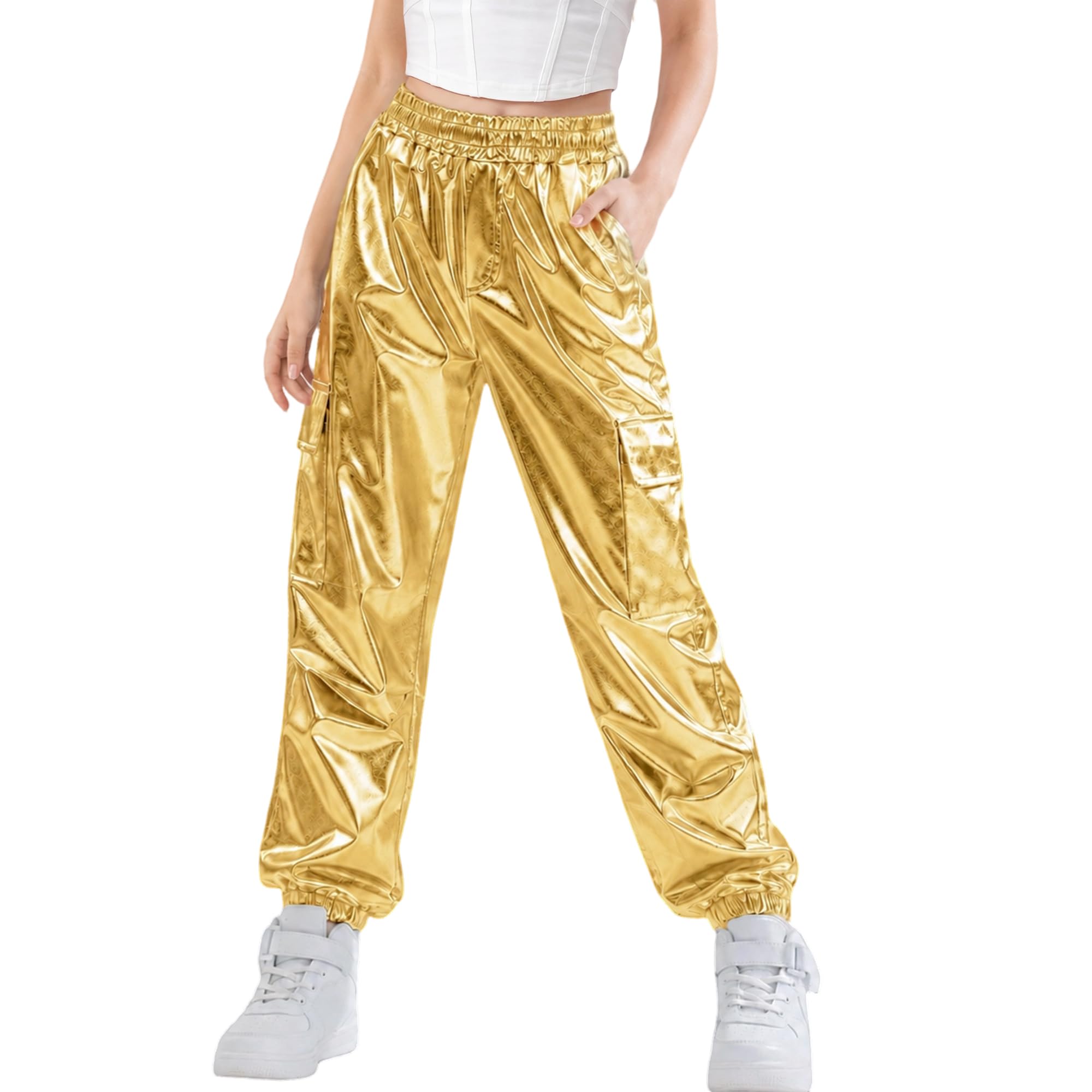 Rolanko Girls Metallic Cargo Pants, Shiny Jogger Pant for Dance 6-15 Years