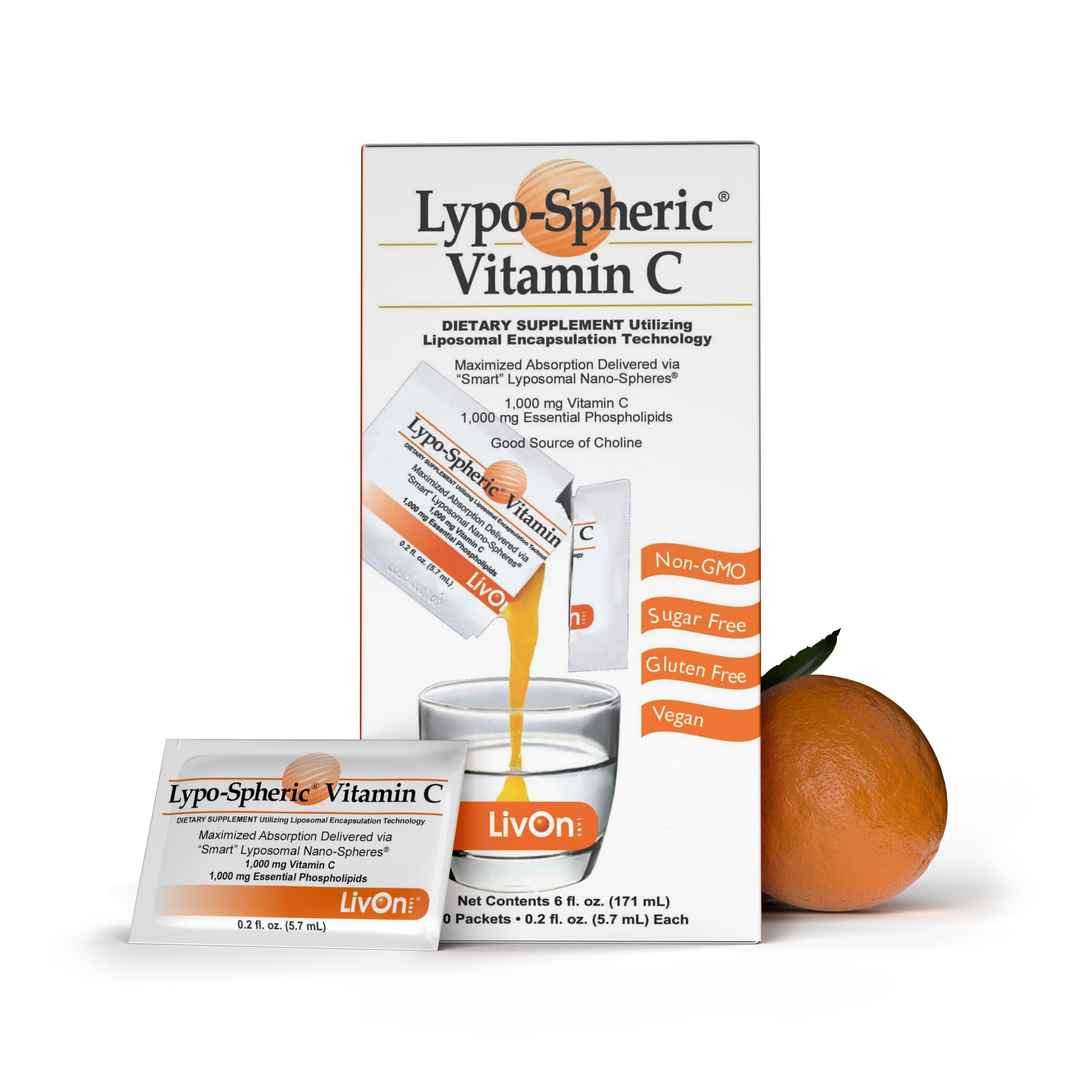 LivOn Laboratories Lypo–Spheric Vitamin C, 1000 mg Vitamin C & 1000 mg Essential Phospholipids Per Packet, Liposome Encapsulated for Improved Absorption, 100% Non–GMO, 1 Carton, 0.2 Fl Oz (Pack of 30)