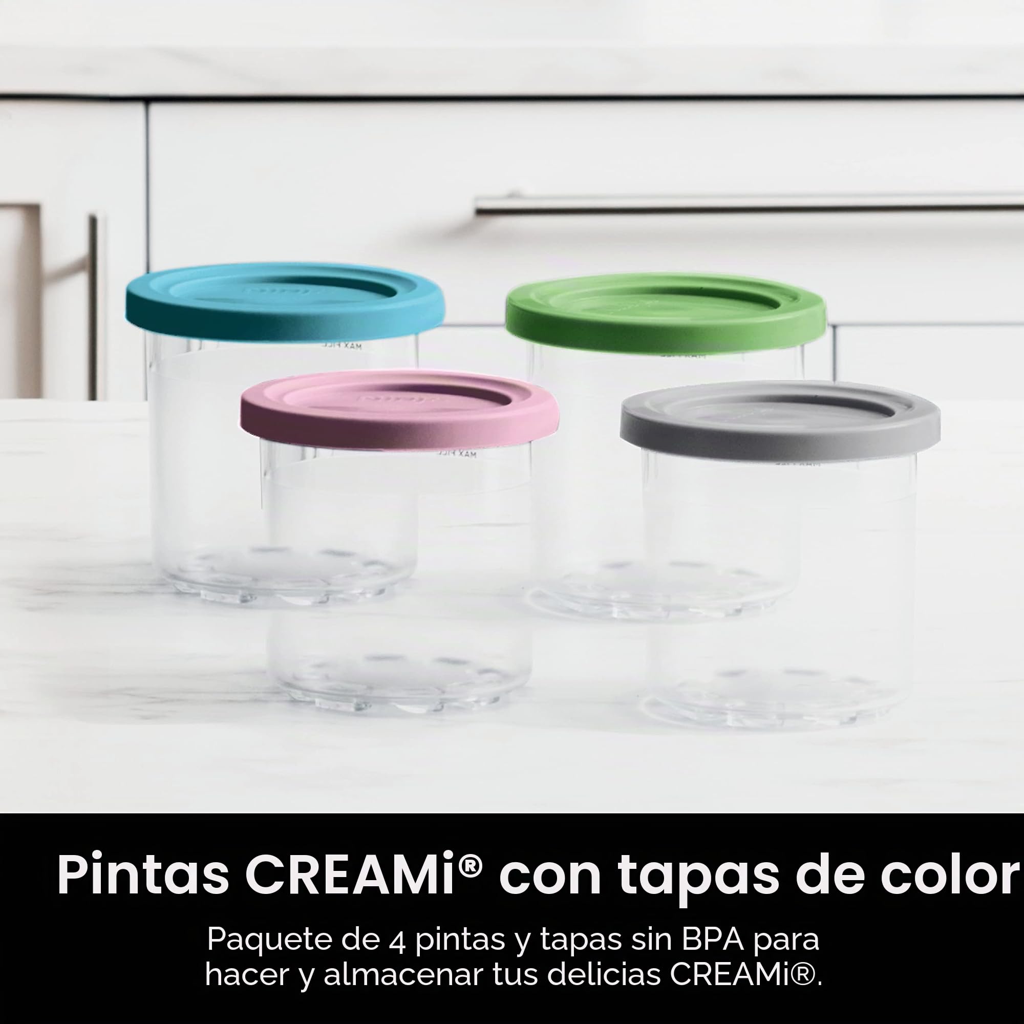 Ninja XSKPLD4BCD - Pintas para hacer helados NC299AMZ y NC300s Series, sin BPA y aptas para lavavajillas, tapas de color, plástico, transparente, gris, lima, rosa, aguamarina