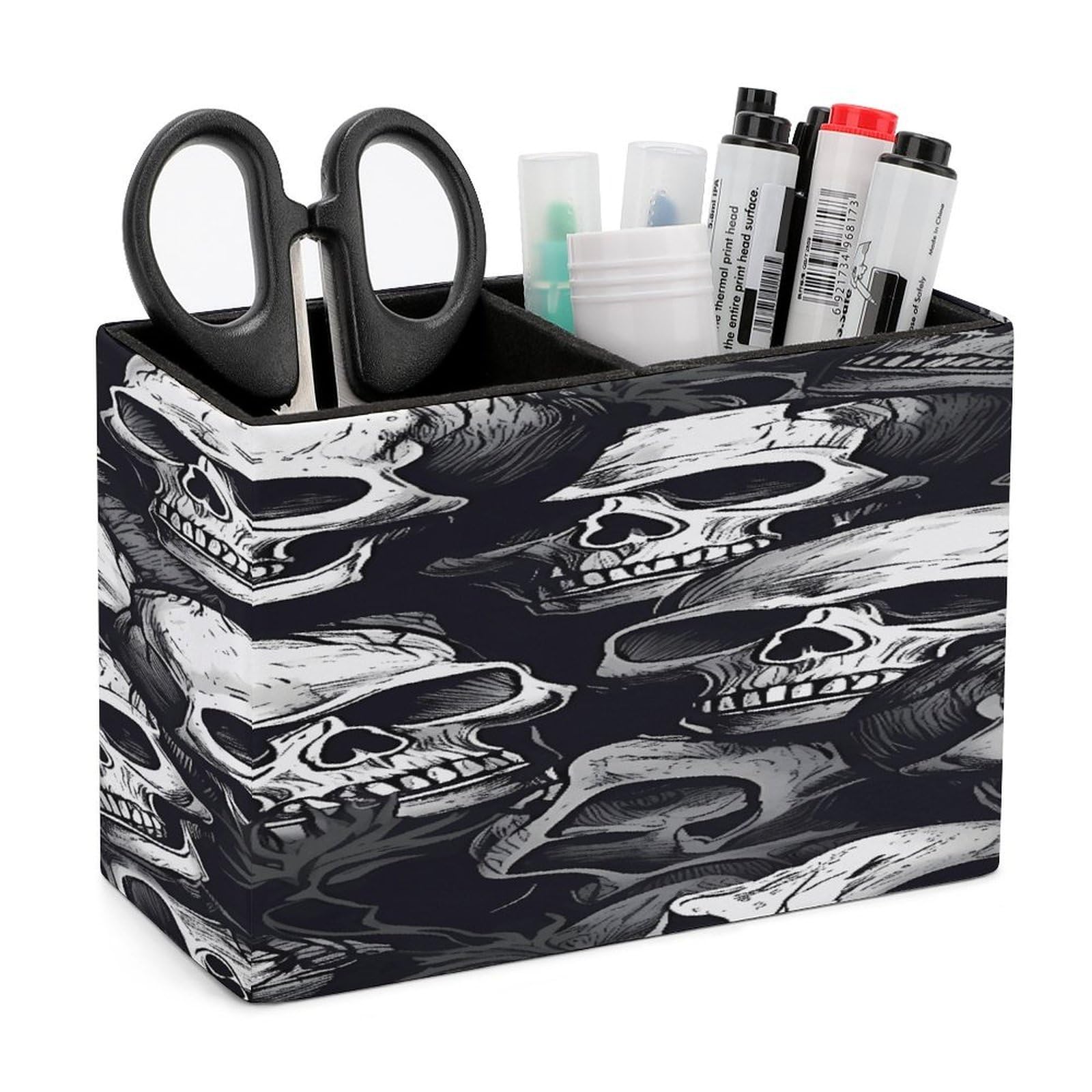 VstaDank Skulls Pattern Pencil Holder for Desk Organizer 2 Compartments Pen Cup Leather Square Pen Holder Pencil Cup Stand Makeup Brush Holders for Desktop Organizer Storage Case