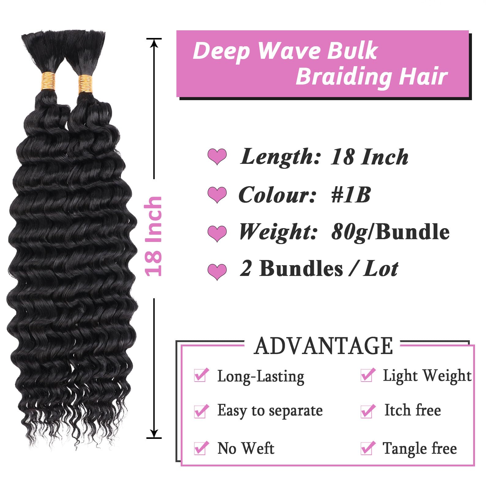 Samtress 18 Inch Braiding Hair for Boho Braids 2 Bundles Natural Black Deep Wave Bulk Synthetic Hair No Weft Long Wet and Wavy Hair Bundle for Women (#Black) - Image 2