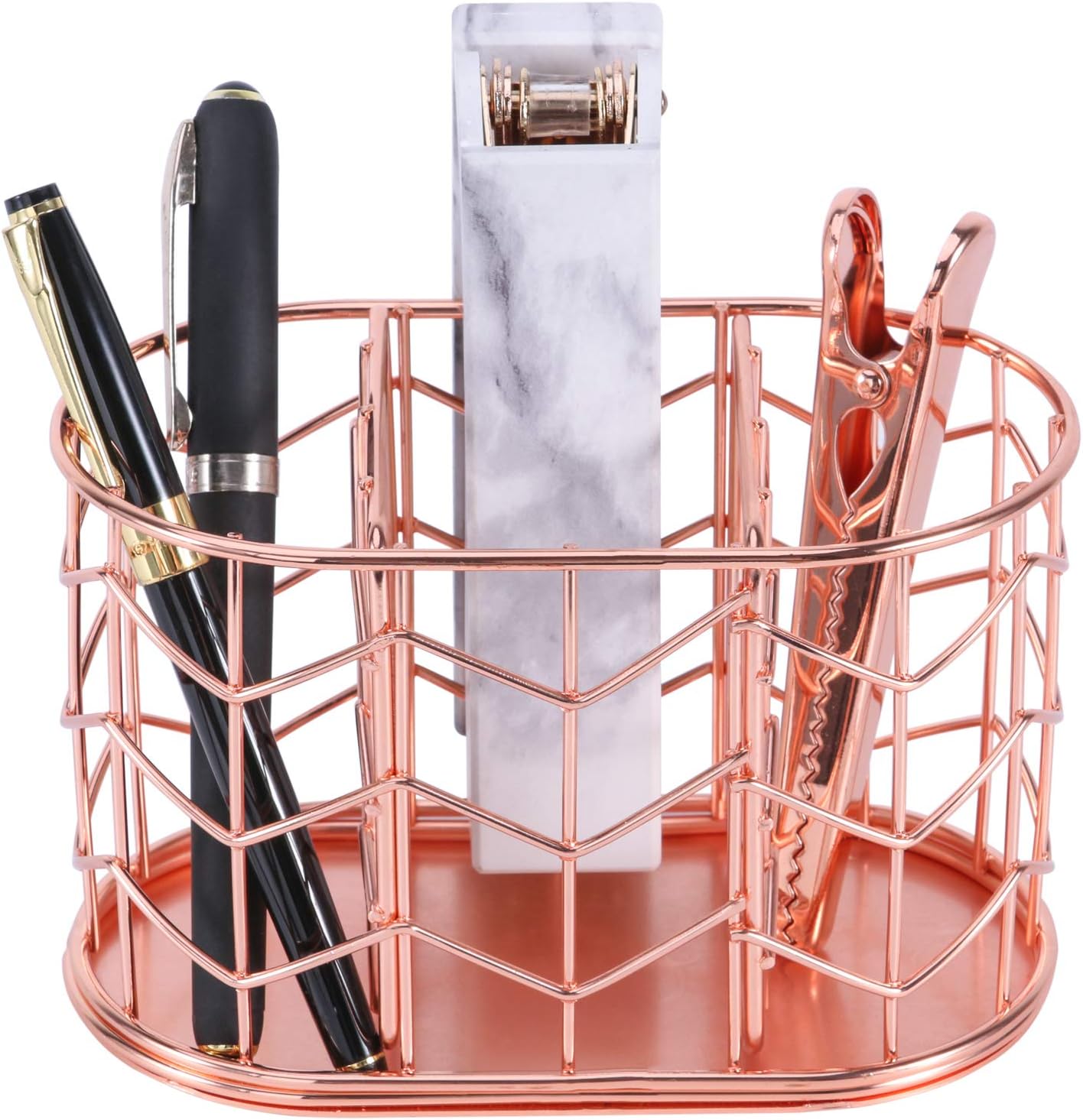 Nugorise Pen Holder, 3 Compartment Metal Pencil Holder, Decorative Desk Storage Organizer Container for Stationery and Desk Accessories, Rose Gold