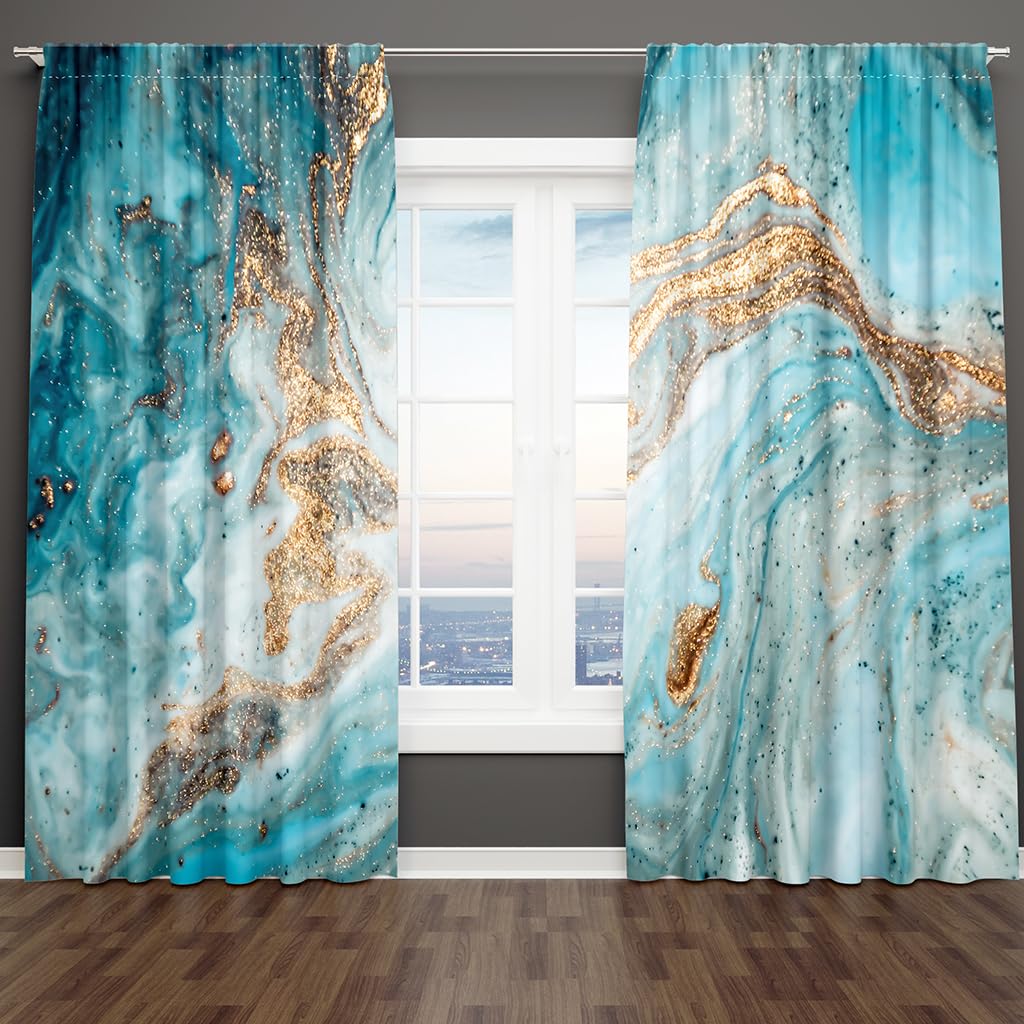 Ombré Noir Bleu Texture Marbre Conception Abstraite 2 Pièces Mince Rideau de Fenêtre pour Salon Chambre Décor-6,135W245H(CM) 53x96in,Oeillets Supérieurs