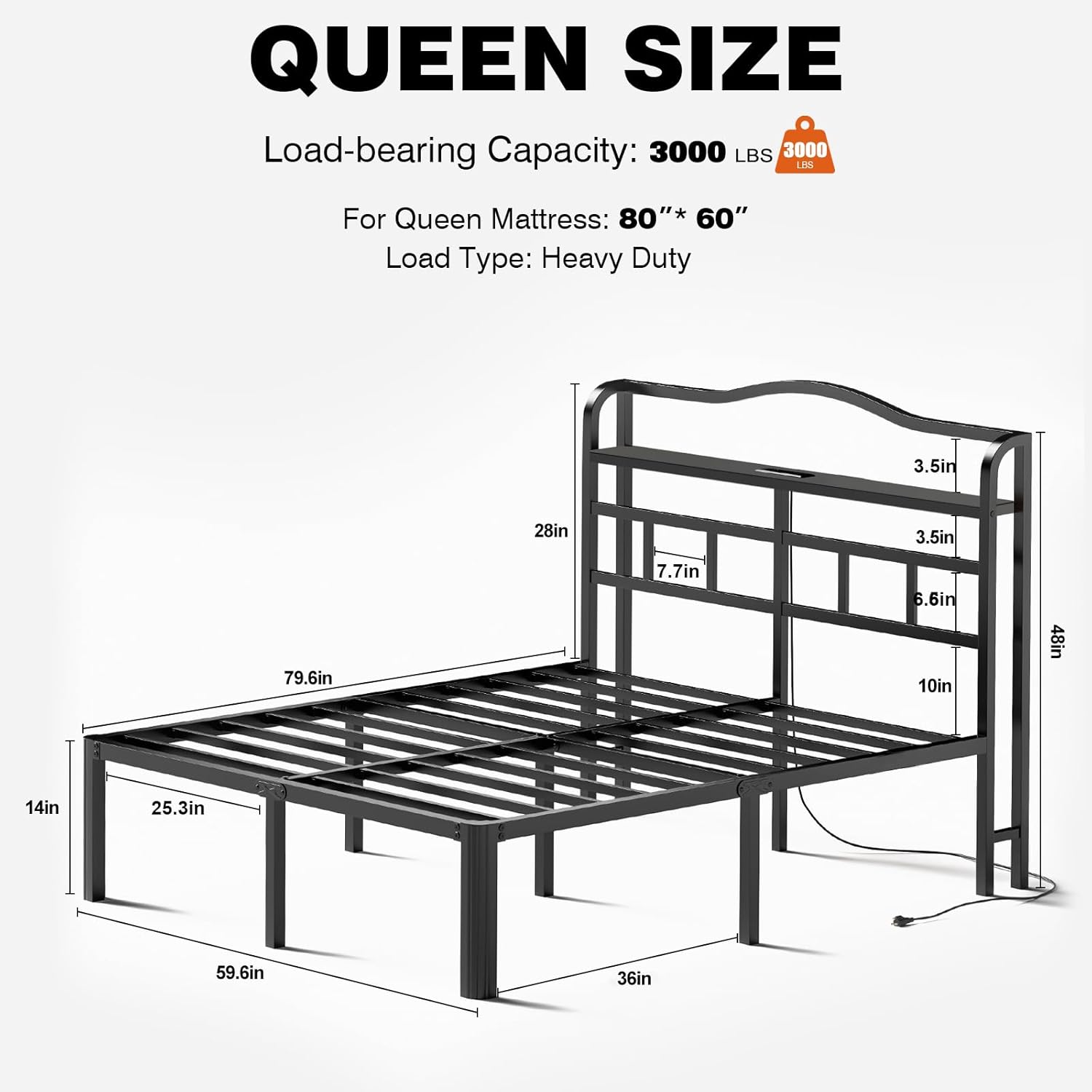 Queen Bed Frame with Headboard Queen Size Bed Frame 14 Inch Tall Metal Beds with Charging Station and Storage,Black Platform Bed Frames no Box Spring Needed,Anti-Sliding(14 Inch, Queen) - Image 2