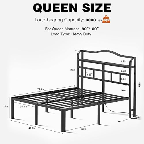 Miniatura 2 de Base de cama Queen con cabecero, marco de cama tamaño Queen de 14 pulgadas de alto, camas de metal con estación de carga y almacenamiento, marcos de