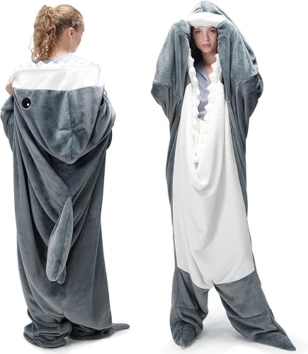 Miniatura 7 de Touchat Manta de franela de tiburón para adultos, súper suave y acogedora, manta de tiburón de dibujos animados, con capucha, saco de dormir,