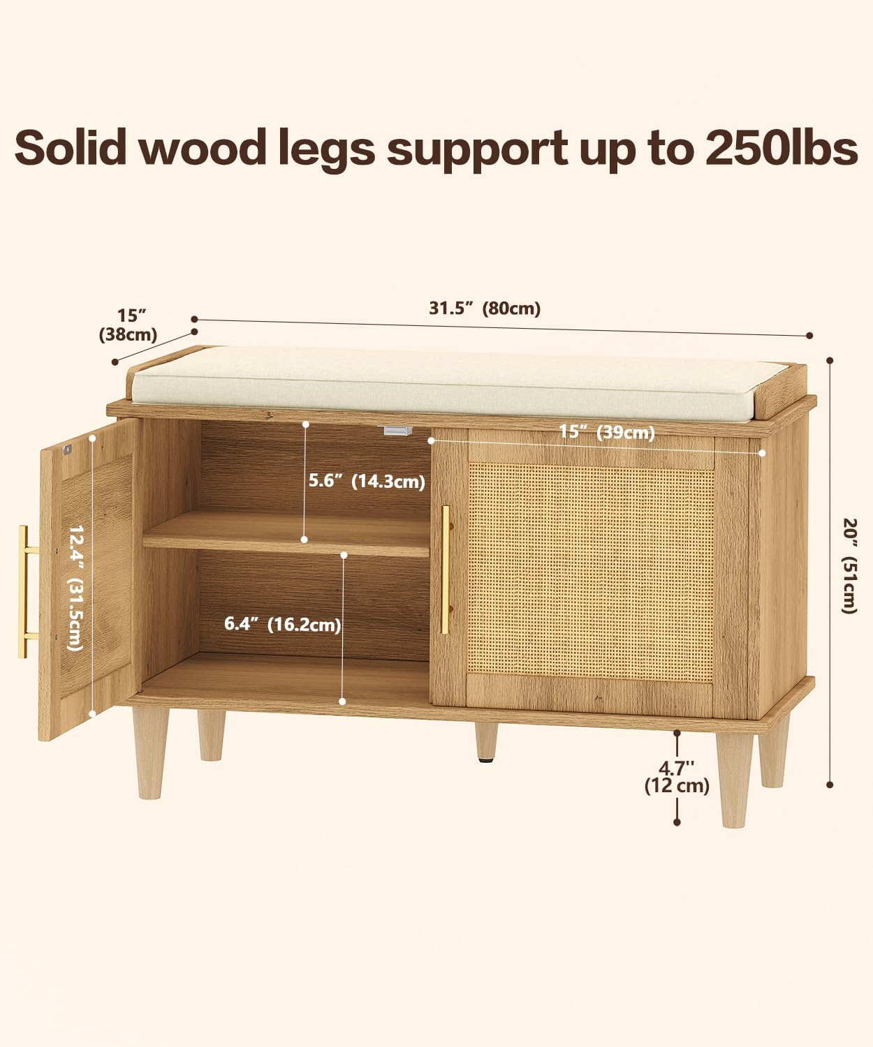 Rattan Shoe Storage Bench with Cushion, 2-Tier Entryway Bench with Adjustable Shelves and 2 Doors, 15" D x 31.5" W x 20" H, Solid Wood Legs, for Hallway, Living Room, Bedroom, Natural Oak