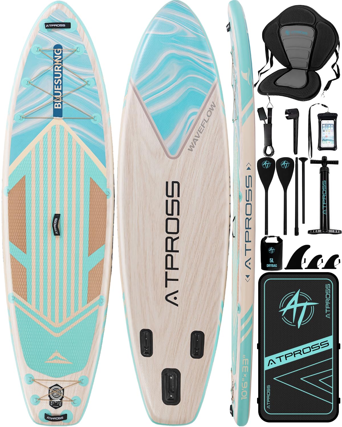 ATPROSS Stand Up Paddling Board, 320cm Stand Up Paddle mit Reichhaltigem Zubehör, SUP Board 200kg Tragkraft mit Eva-Rutschfestem Deck, Aufblasbare Paddleboard Geeignet für Erwachsene
