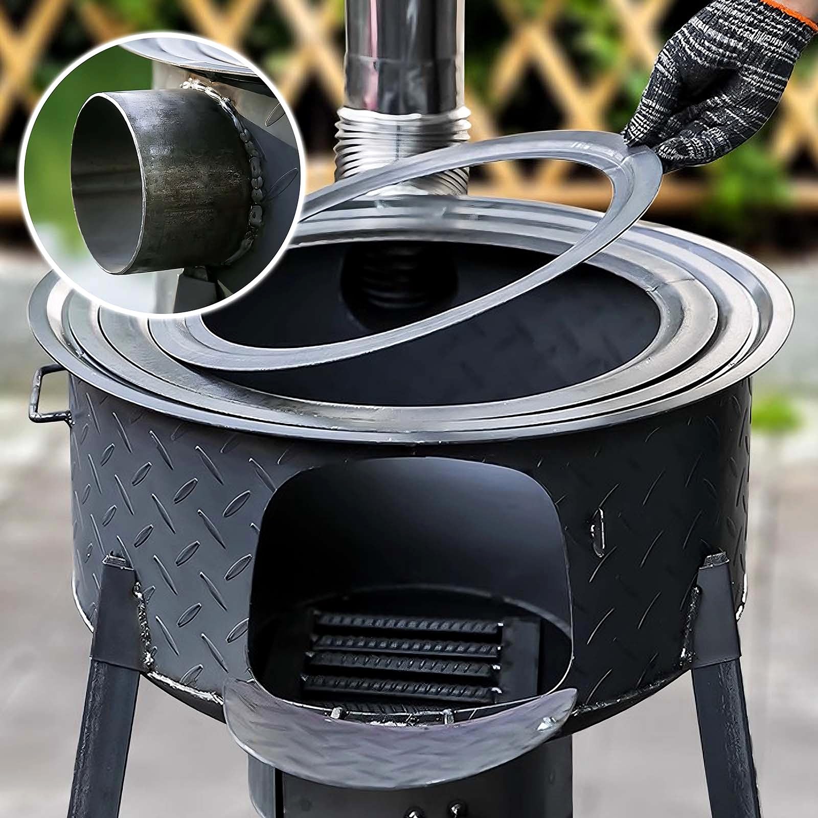 Stufa a Legna per Casa Rurale con Tubo di Fumo Fornelli da Campeggio Portatili con Piastra in Acciaio Spessa 2mm per Soffriggere, Bollire, Cuocere a Vapore, Grigliare(43 * 43 * 60cm)