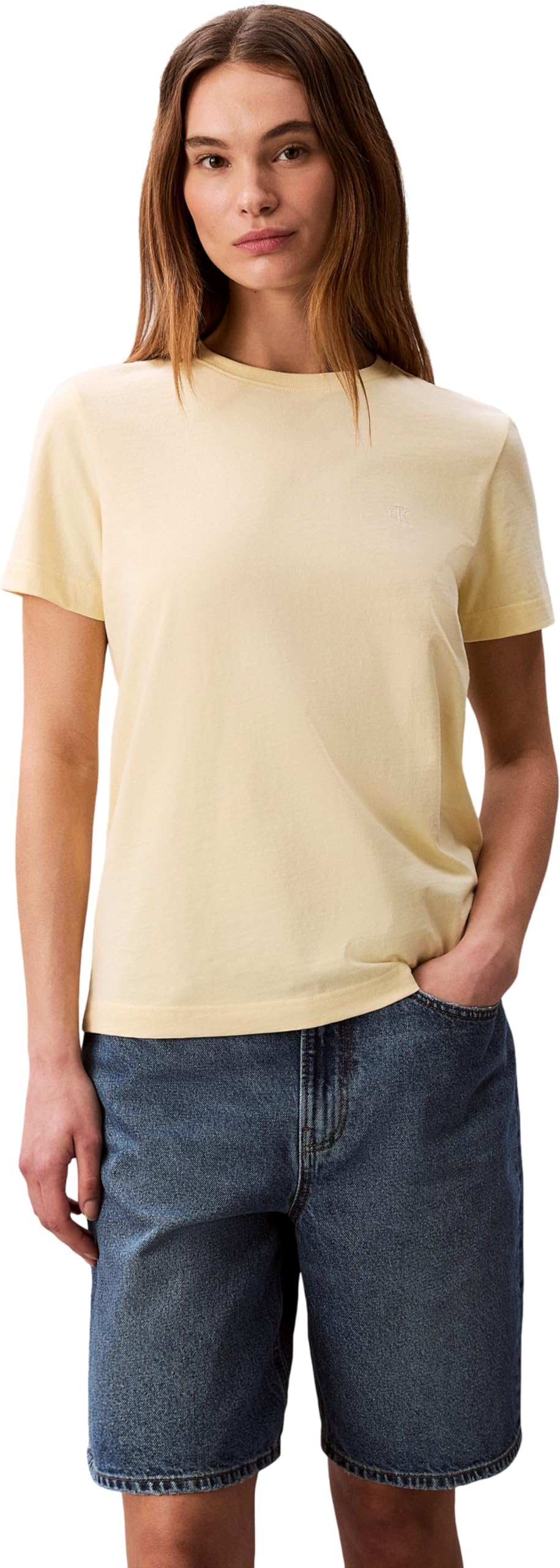 Calvin Klein Women's Yellow Crew Neck T-Shirt - T-Shirts - M - Tops
