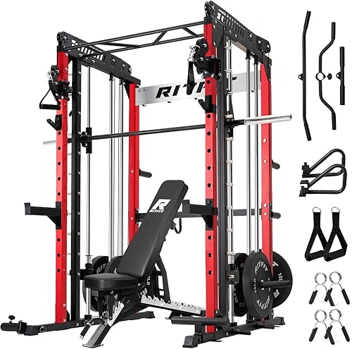 Miniatura 18 de RitFit Máquina M1 Pro Smith con sistema de cruce de cables, jaula multifunción para sentadillas para gimnasio en casa, rack de energía y paquetes