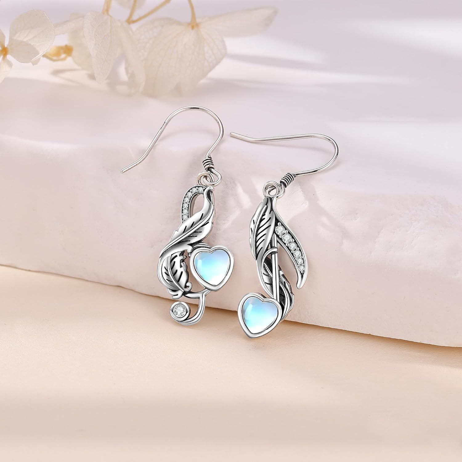ONEFINITY Music Note Earrings 925 Sterling Silver Feather Moonstone Dangle Drop Earrings Music Jewelry Mothers Gifts for Women Mom Grandma - Image 4