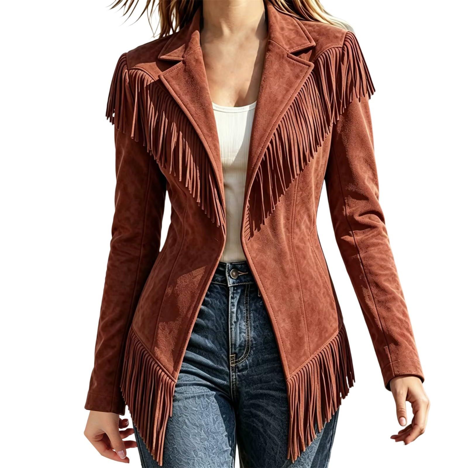 Camoscio Giacche Donna Manica Lunga Aperto Anteriore Vintage Frange Cowgirl