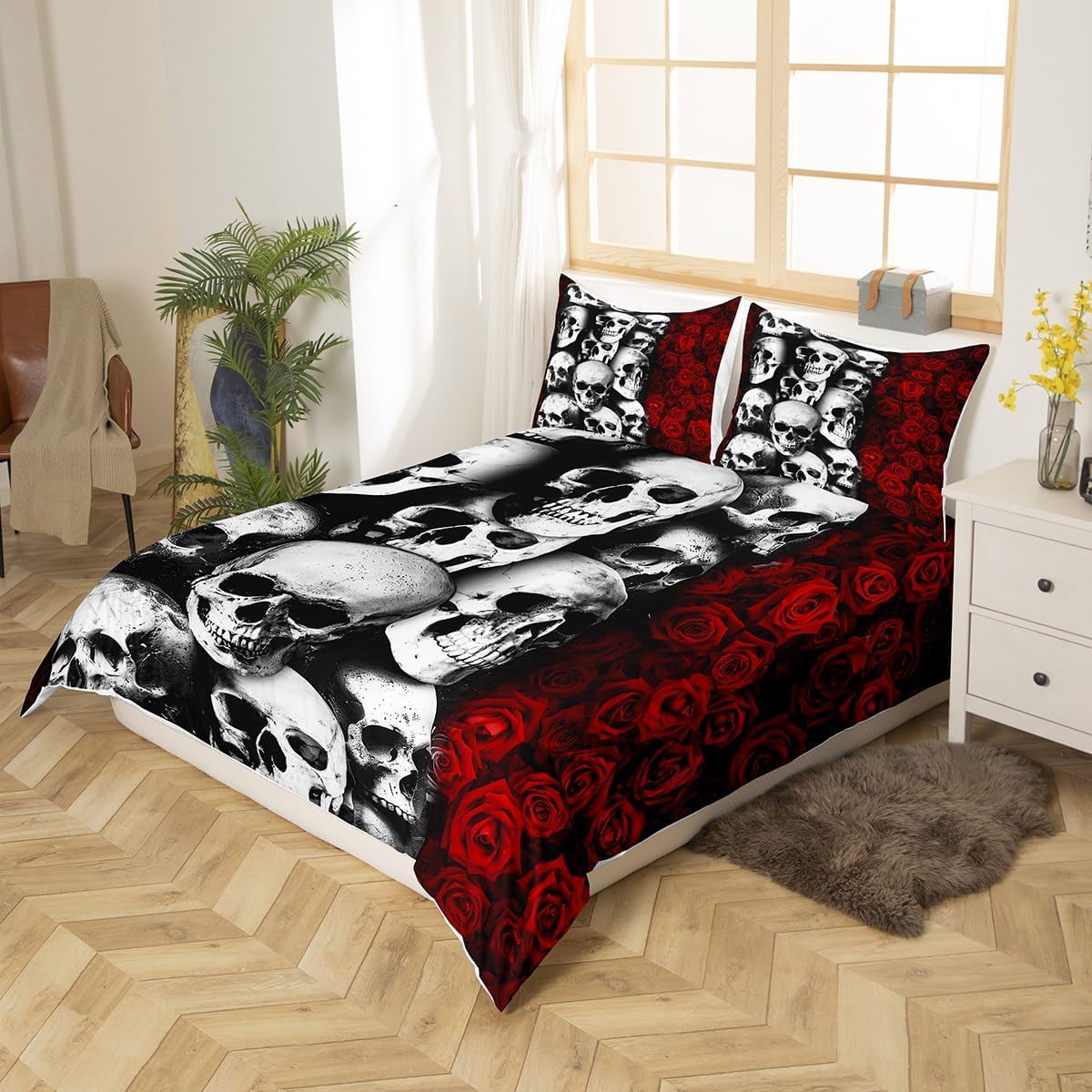 Erosebridal Floral Skull Comforter Cover Red Rose Sugar Skull Duvet Cover Set for Kids Boys Girls Gothic Skull Bedding Set Skeleton Bones Hipster Quilt Cover with 2 Pillow Cases King Size Halloween