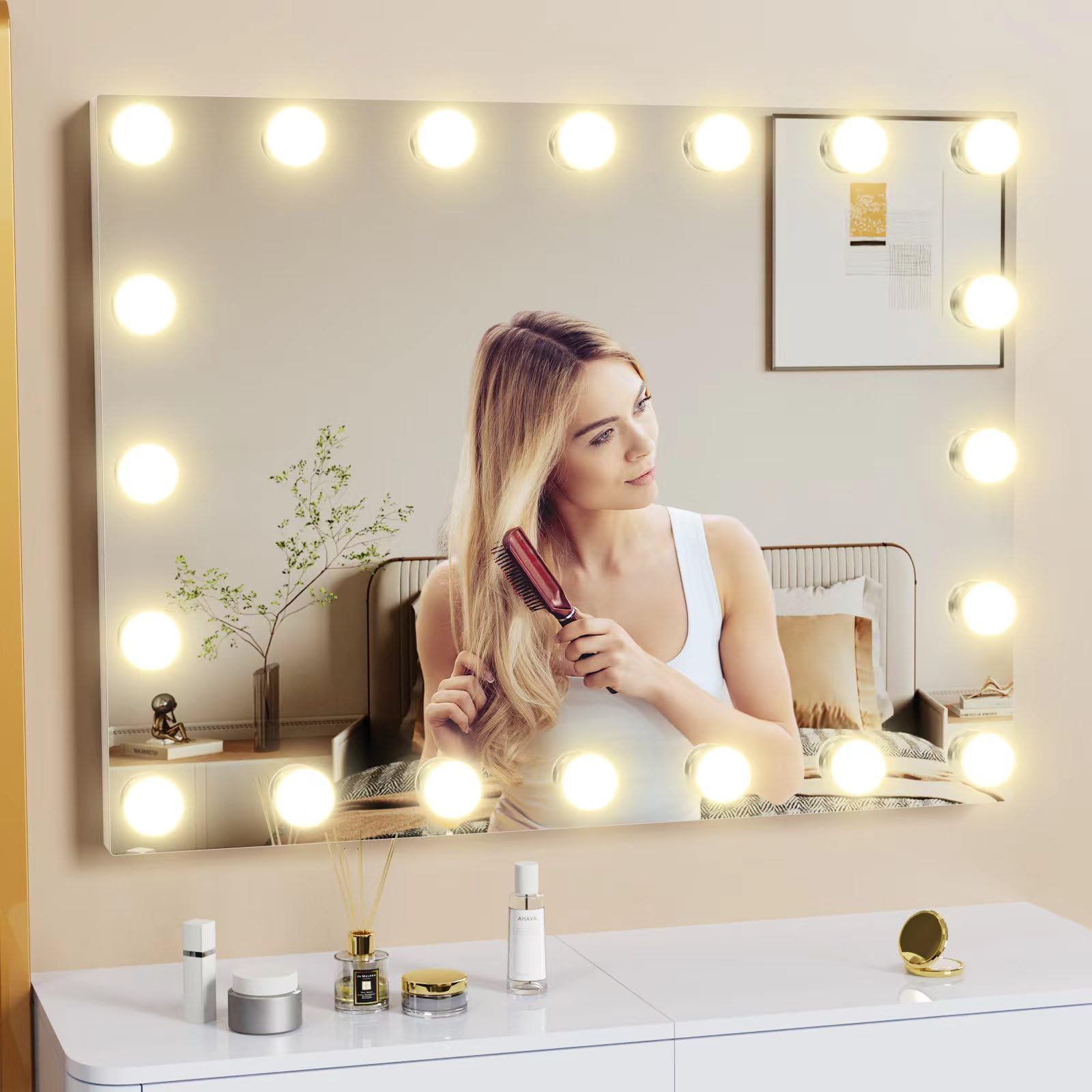 Gvnkvn Espejo de tocador con luces, 22.8 pulgadas de ancho x 18.2 pulgadas de largo, espejo de maquillaje Hollyhood con carga USB y tipo C, espejo iluminado Hollywood con 20 bombillas LED regulables,