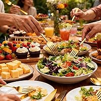 Vista 5 de FOCUSLINE Juego de 160 cubiertos de plástico dorado, incluye 80 tenedores dorados, 40 cuchillos, 40 cucharas, cubiertos desechables de plástico