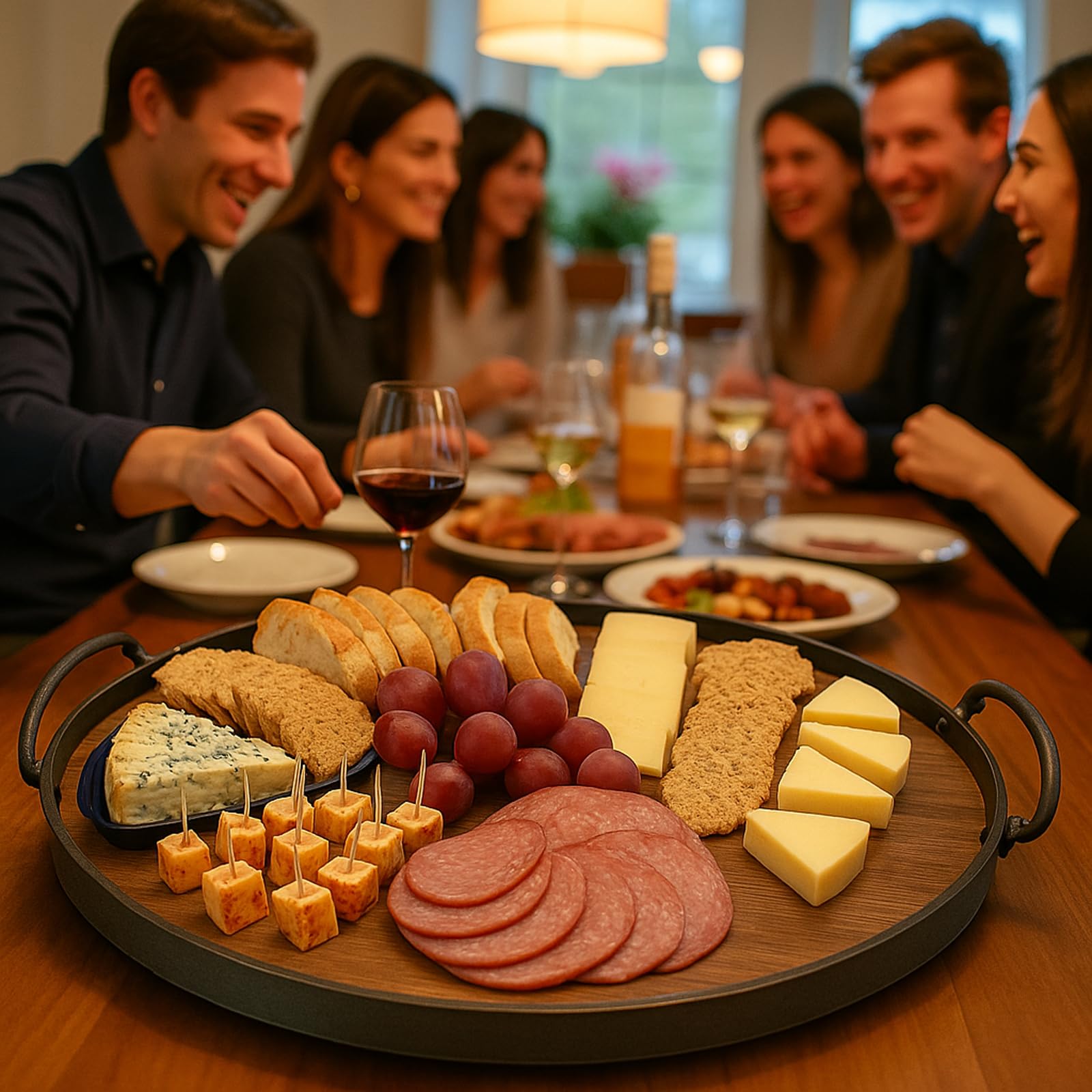 Bandeja, bandeja para servir de madera, servicio para cocina, comedor, sala de estar, piscina, borde de marco de acero antiguo, asas de fácil agarre, hecho de 1 pieza sólida de madera de