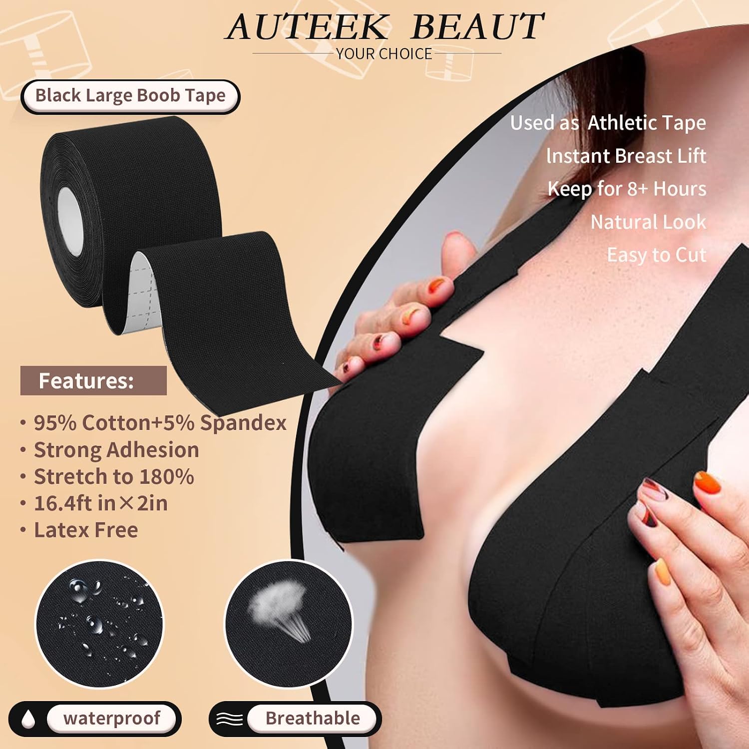 Boob Tape, Breast Lift Tape, Boobtape for All Breasts A-DD, Fashion Body Tape, with 10 pcs Satin Petals Breast Cover Brown