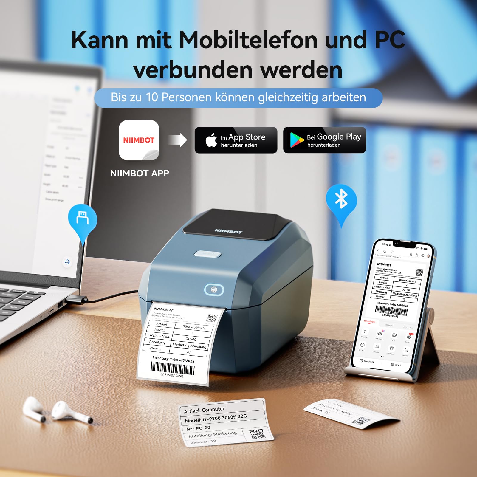 NIIMBOT Bluetooth Etikettendrucker mit Breitformat-Etiketten (50mmx30mm), Thermodrucker 3x4 Zoll Versandetiketten Drucker, Etikettiergerät Label Printer für Barcode, Einzelhandel, kleine Unternehmen