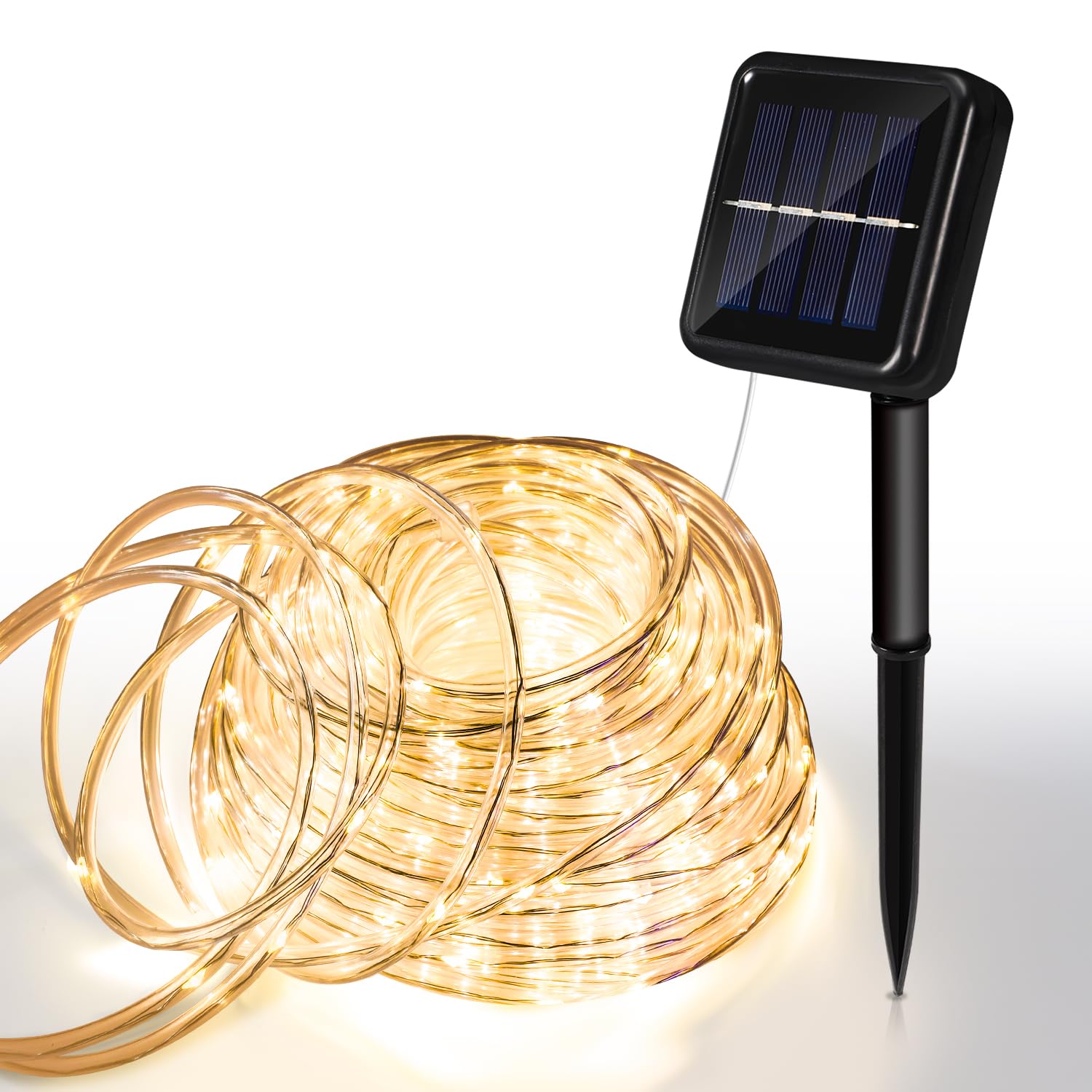 Cadena de luces solares para exteriores, IP65, resistente al agua, 20 m, 200 ledes, blanco cálido, decoración solar, 8 modos, manguera LED para jardín, balcón, boda, fiesta, árbol