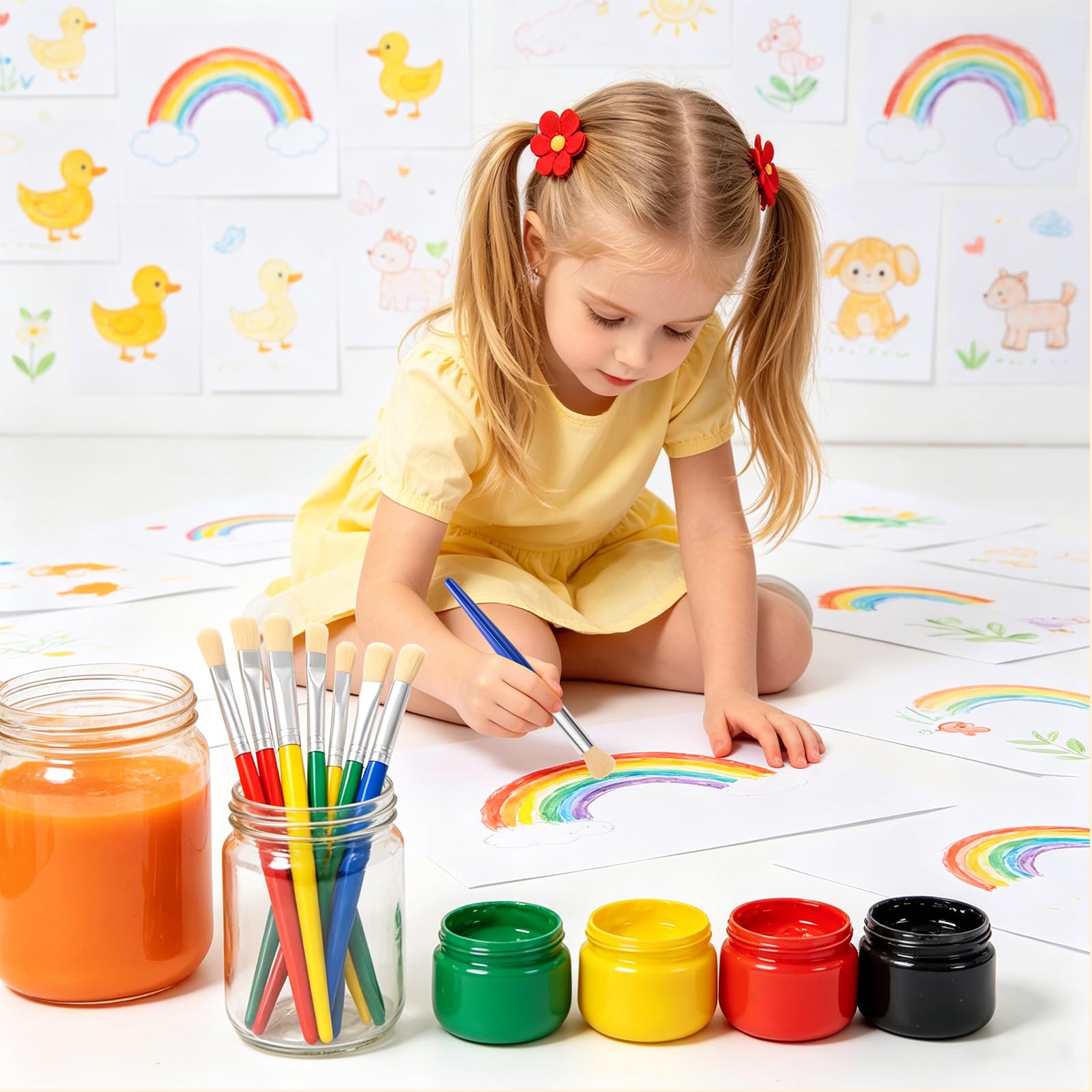Lot de 48 pinceaux de peinture pour enfants - Grands pinceaux ronds et plats pour peinture acrylique, huile et aquarelle - Lavables