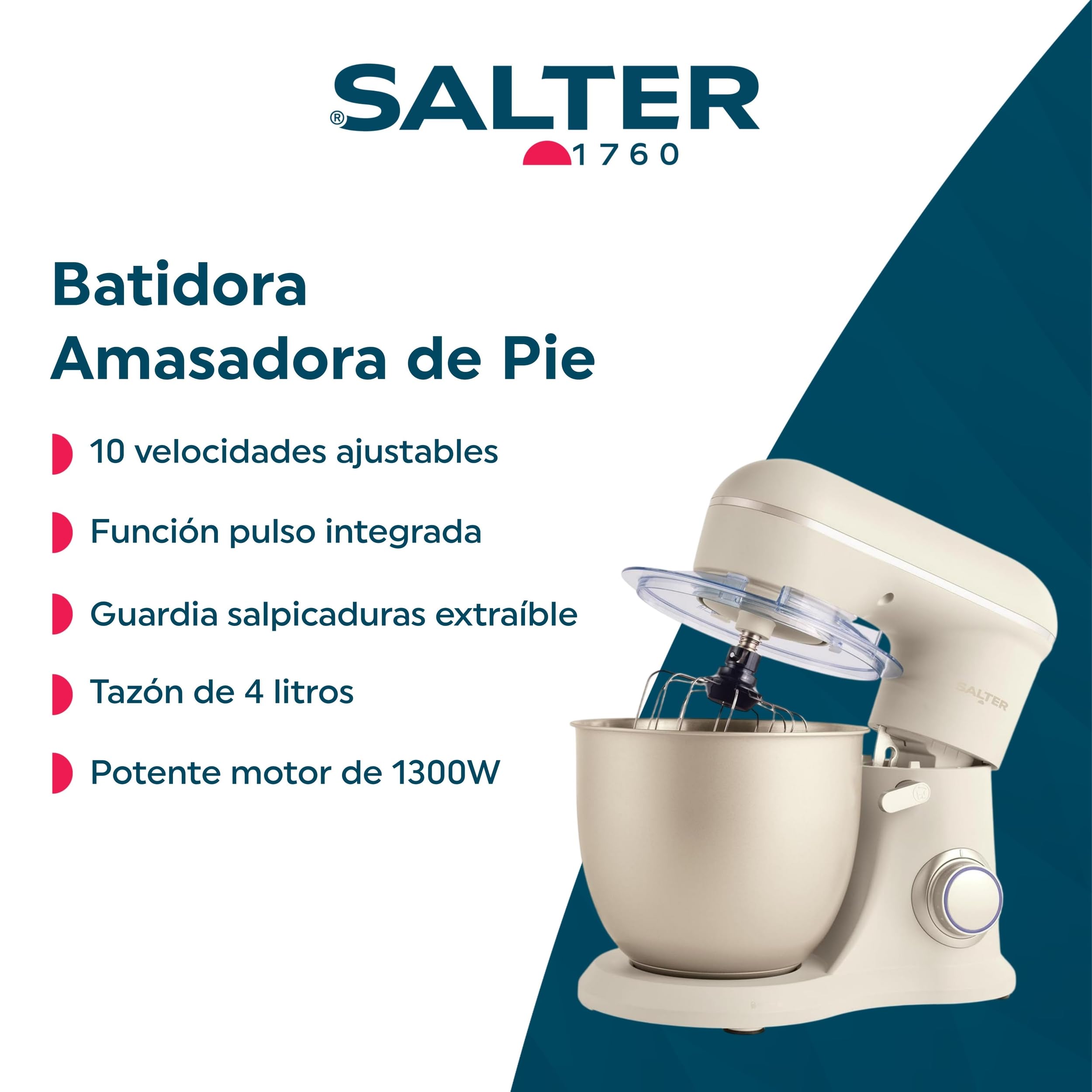 Salter EK5511SBOVDE Mezclador de pie eléctrico - 4 litros de capacidad, 10 velocidades con función de pulso, selector de velocidad variable, batidor, gancho para masa y accesorios, 1300W de potencia