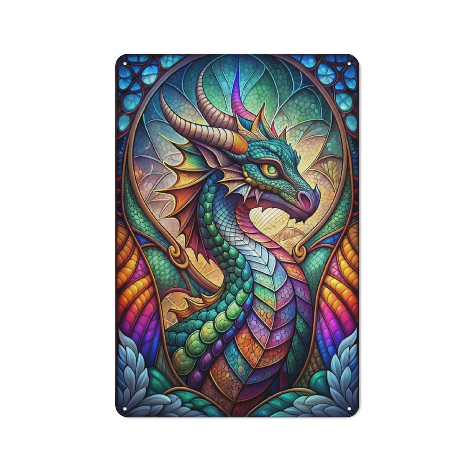 Junmoney Stained Glass Dragon Neon Rustic Tin Sign 30X20cm Featuring For Living Room Wall, For Metal Sign Collectors, For Garage And Workshop Walls