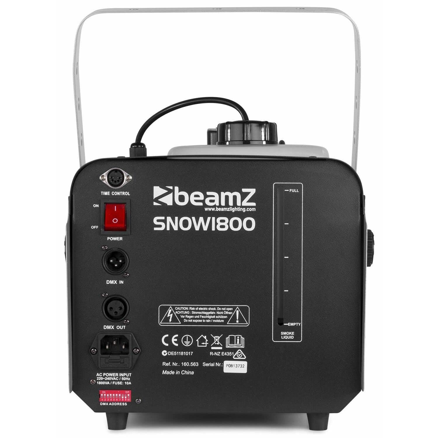 Beamz Snow 1800 Macchina da neve da 1800 W, effetto fiocco di neve molto realistico, serbatoio da 2,5 l, telecomando con cavo da 3 m, non lascia tracce sul terreno, atmosfera invernale, potenti