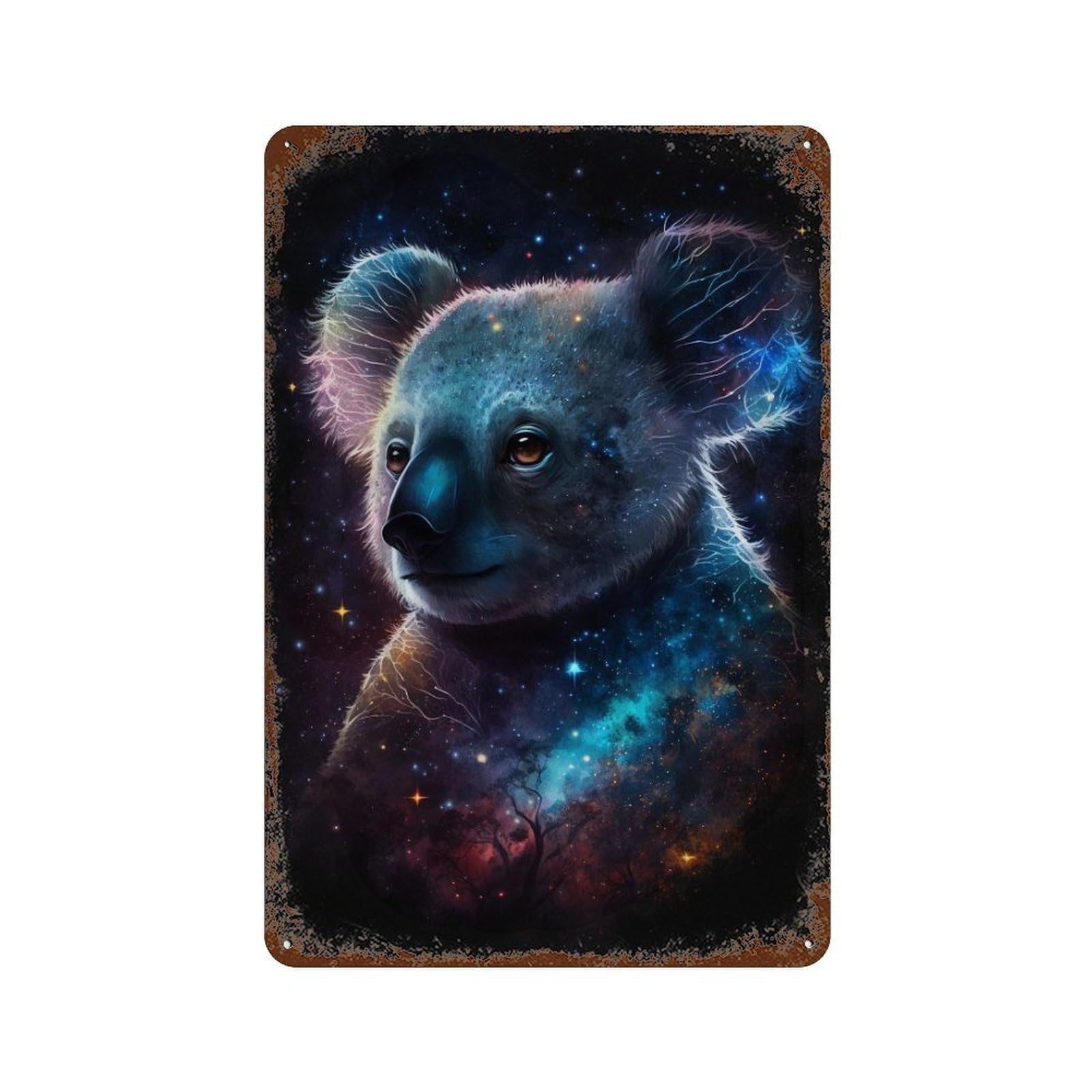 Rust Effect Cosmic Koala Art Print-4 Rustic Tin Plaque 11.8"x7.9", Classic Wall Plaque for Shed, Workshop And Garage Wall Decor