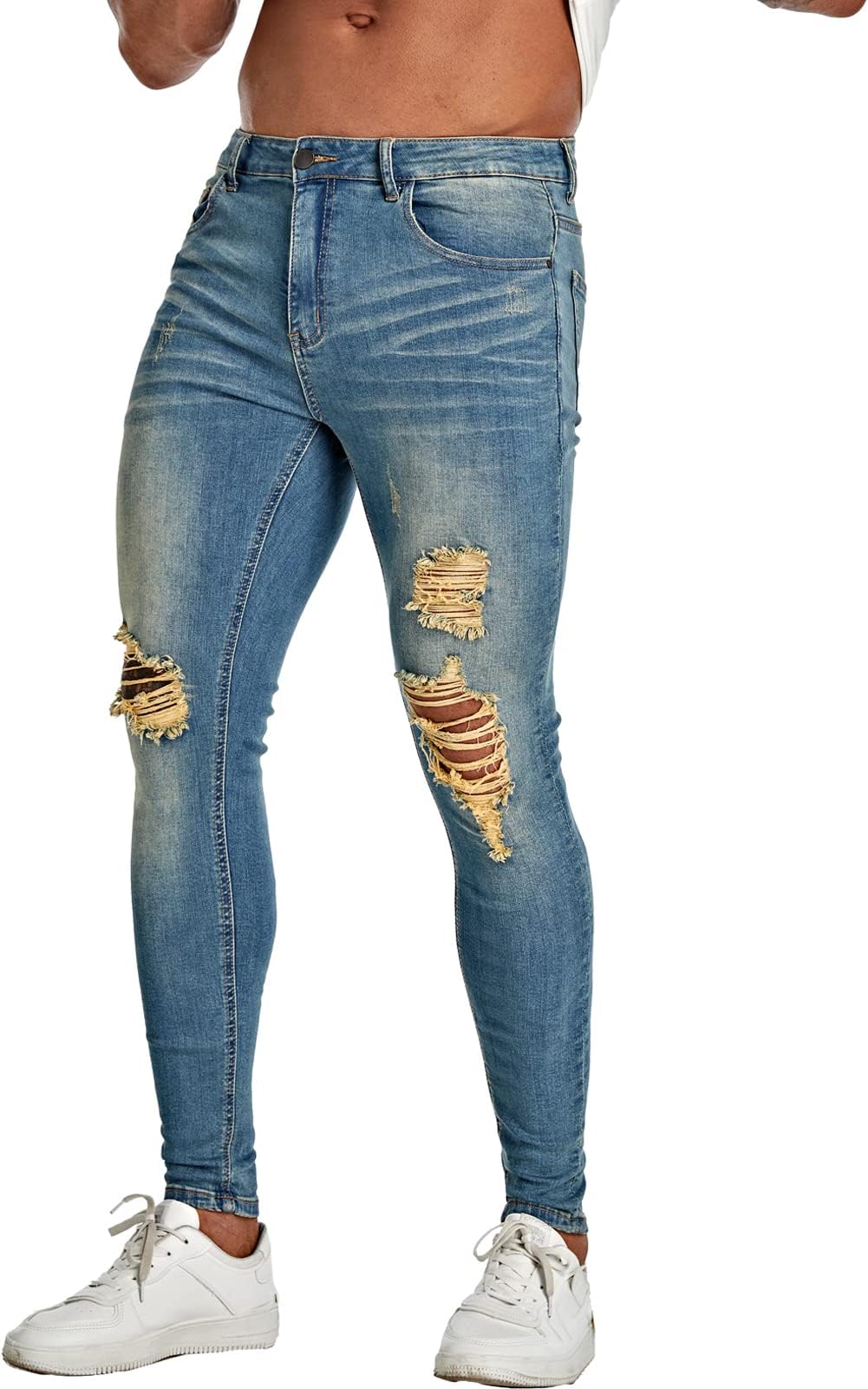 Men's Super Skinny Stretch Tapered Leg Slim Fit Ripped Distressed Jeans