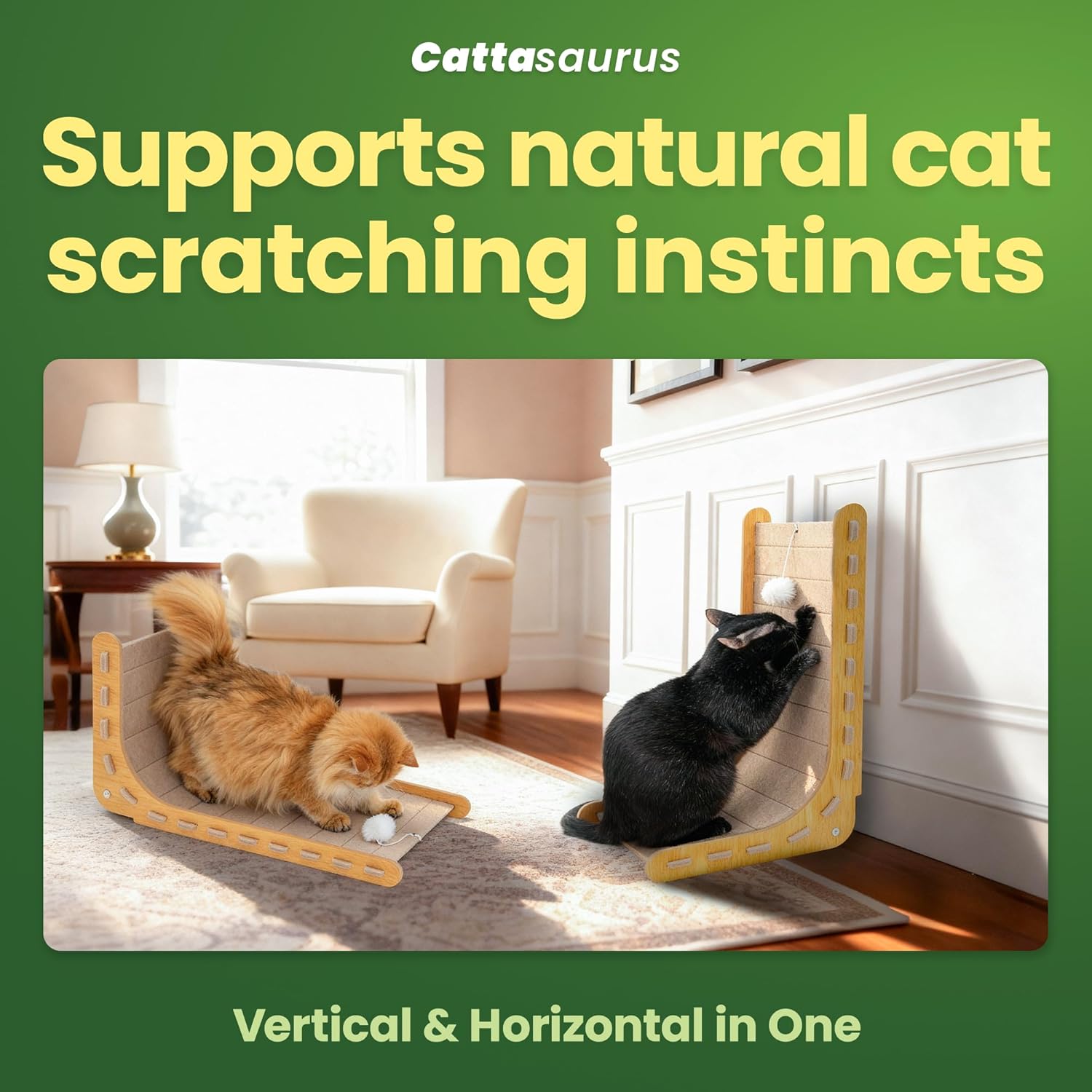 Cattasaurus Claw-Resistant L-Shaped Cat Scratcher, Premium 9mm Felt Wall Mount, 24" Height with Dangling Ball Toy, Vertical Scratching Post, Easy Assembly (Beige)