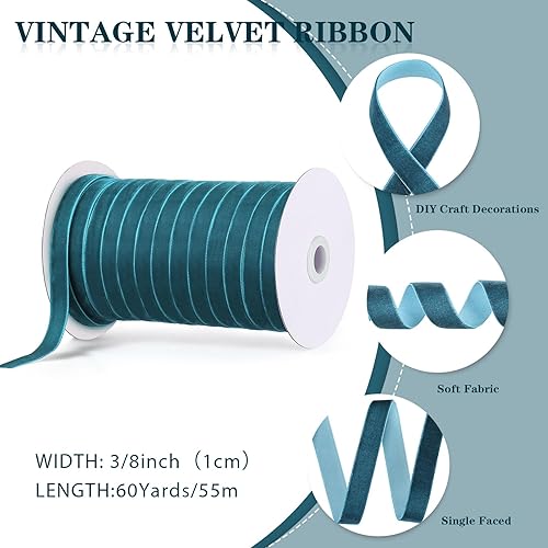 Miniatura 2 de Chuangdi 3/8 pulgadas, 60 yardas, cinta de terciopelo azul verde azulado de Navidad, cintas anchas de terciopelo vintage para adornos de árbol
