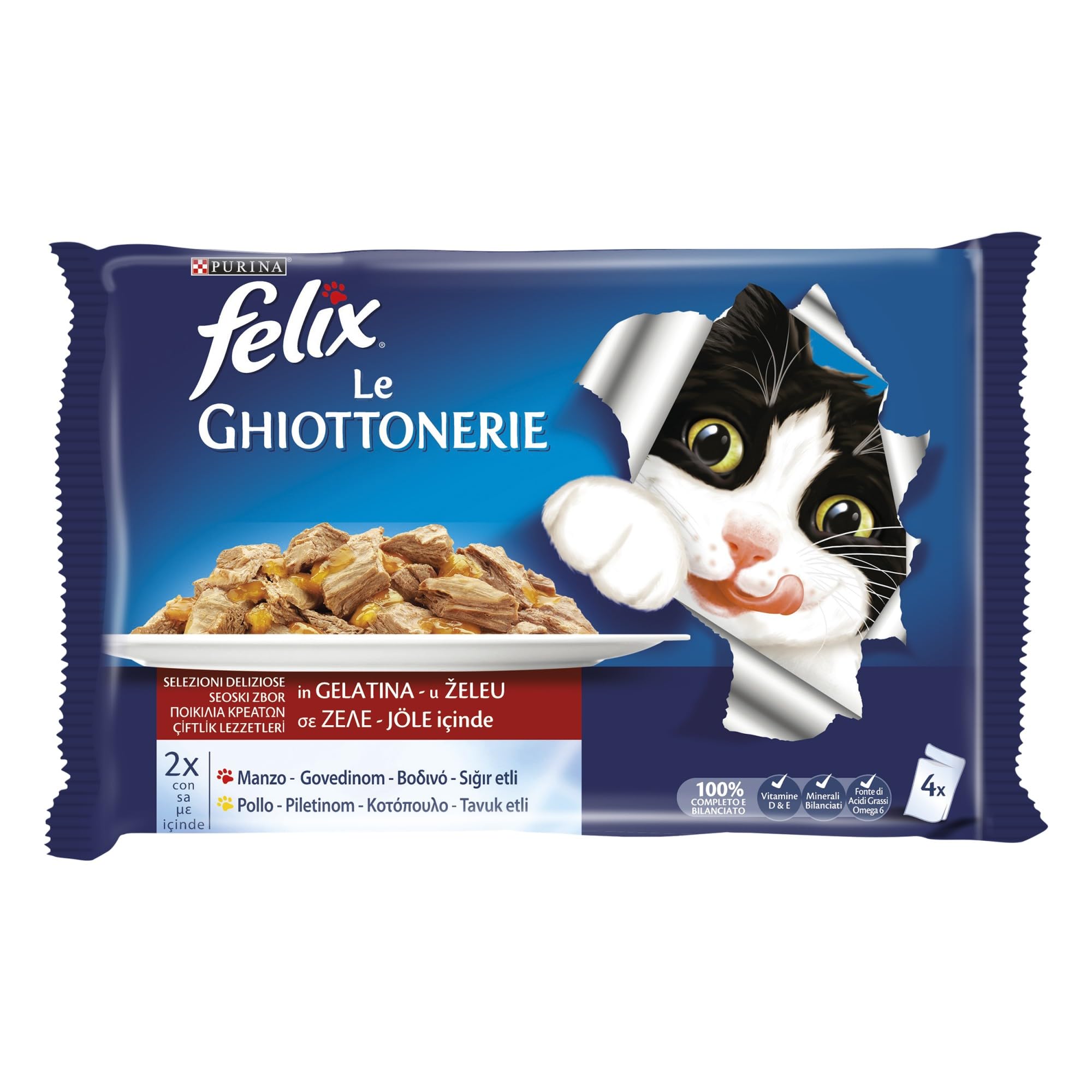 Purina Felix Le Ghiottonerie - Comida húmeda para gatos con carne de res y pollo, 4 sobres de 85 g cada uno