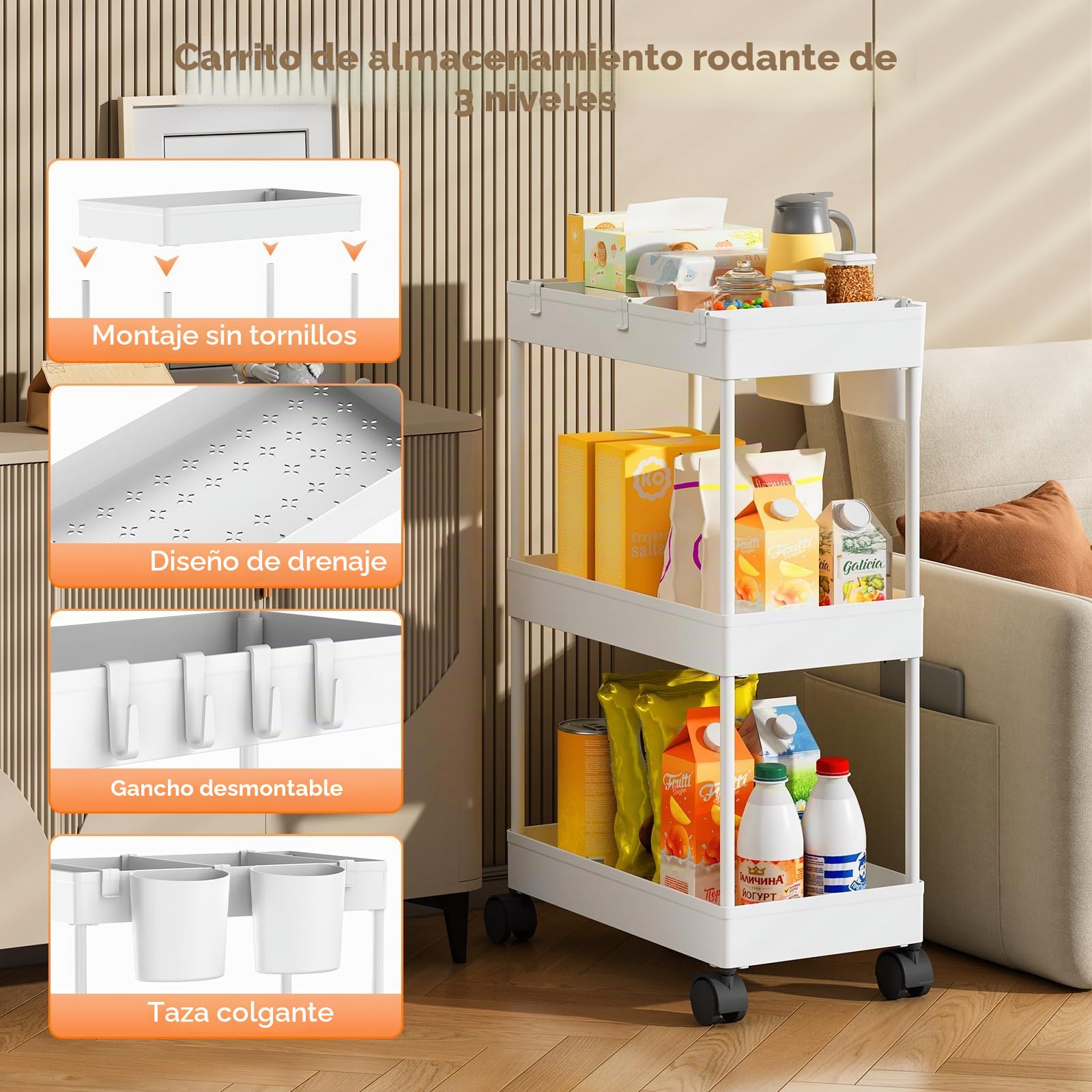Pack of 3 Carrito Auxiliar Baño con Ruedas 3 Niveles Ahorro de Espacio Carro Organizador con Ganchos y Tazas de Cocina Oficina (Blanco)