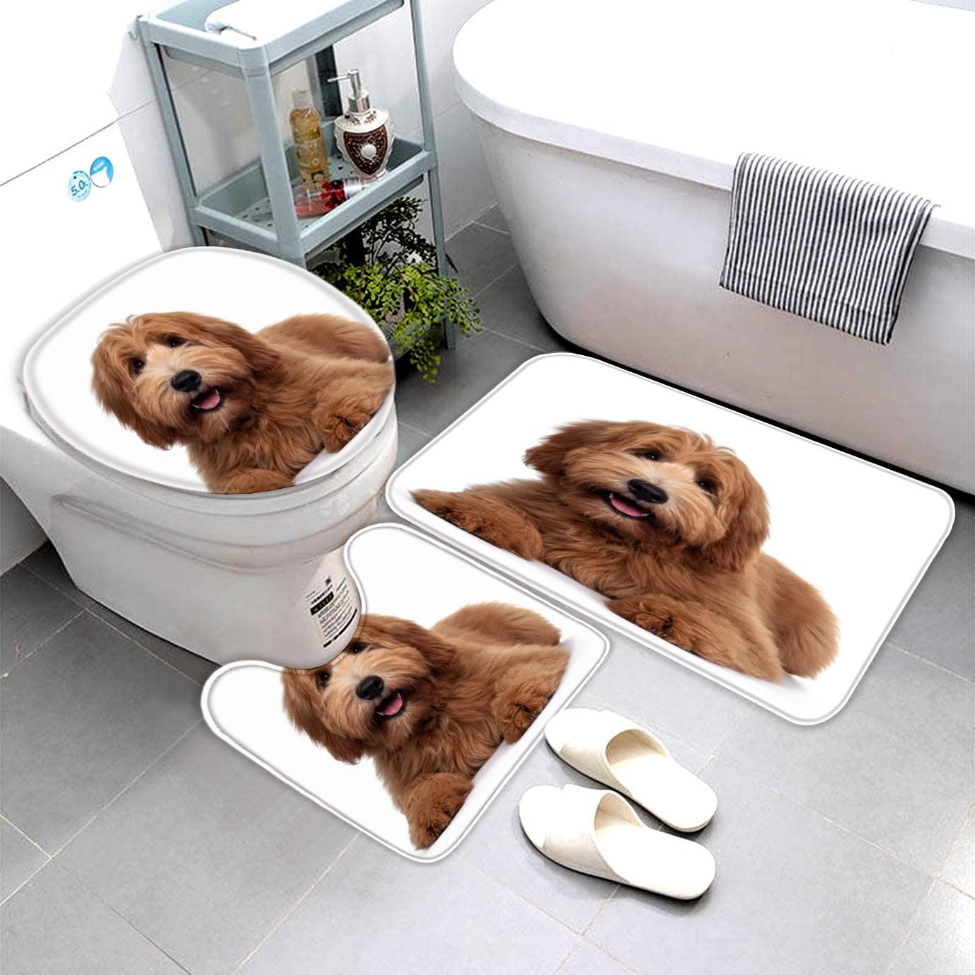 AOLIGL 3Pcs Bath Mat Set Labrador Dog White Bath Rug with Toilet Seat Cover Contour Mat Lid Cover Non-Skid Durable Soft Bath Mat 40 x60 Bathroom Decoration
