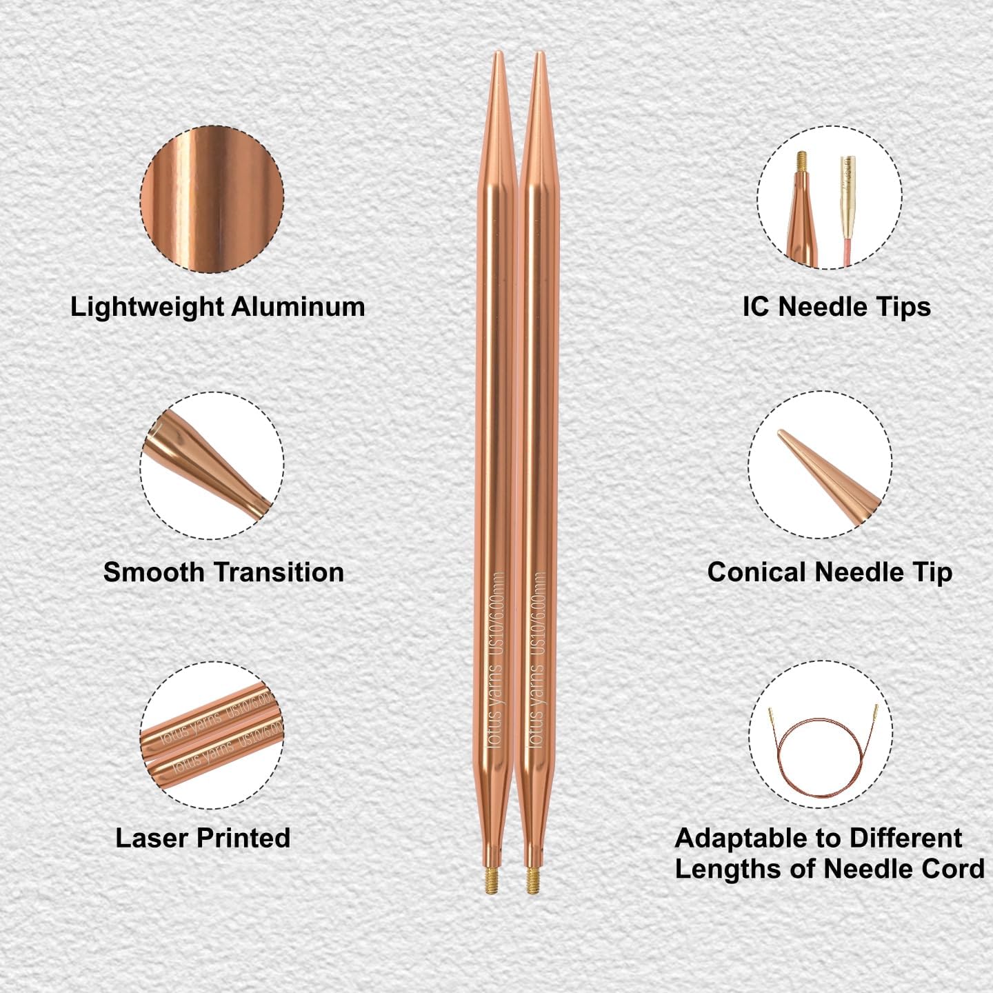 Lotus Yarns ALPS Interchangeable Knitting Needles Tips, Lightweight Aluminum Needle Tips, Smooth Rose Gold Finish for Circular Knitting Projects (5in, 3.00mm (US 2.5))