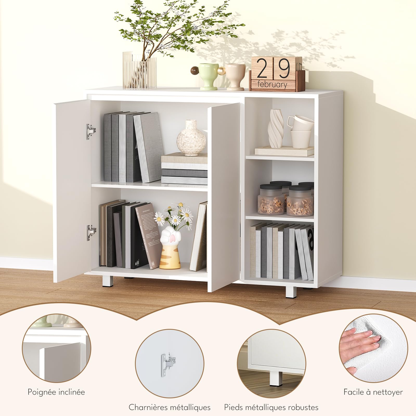 BEWISHOME Meuble Salle de Bain,Meuble de Rangement avec Étagère Réglable | Commode Salle de Bain avec 2 Portes et 3 Compartiments Ouverts,Grand Espace pour Salle de Bain,Salon 35 x 100 x 80 cm,Blanc