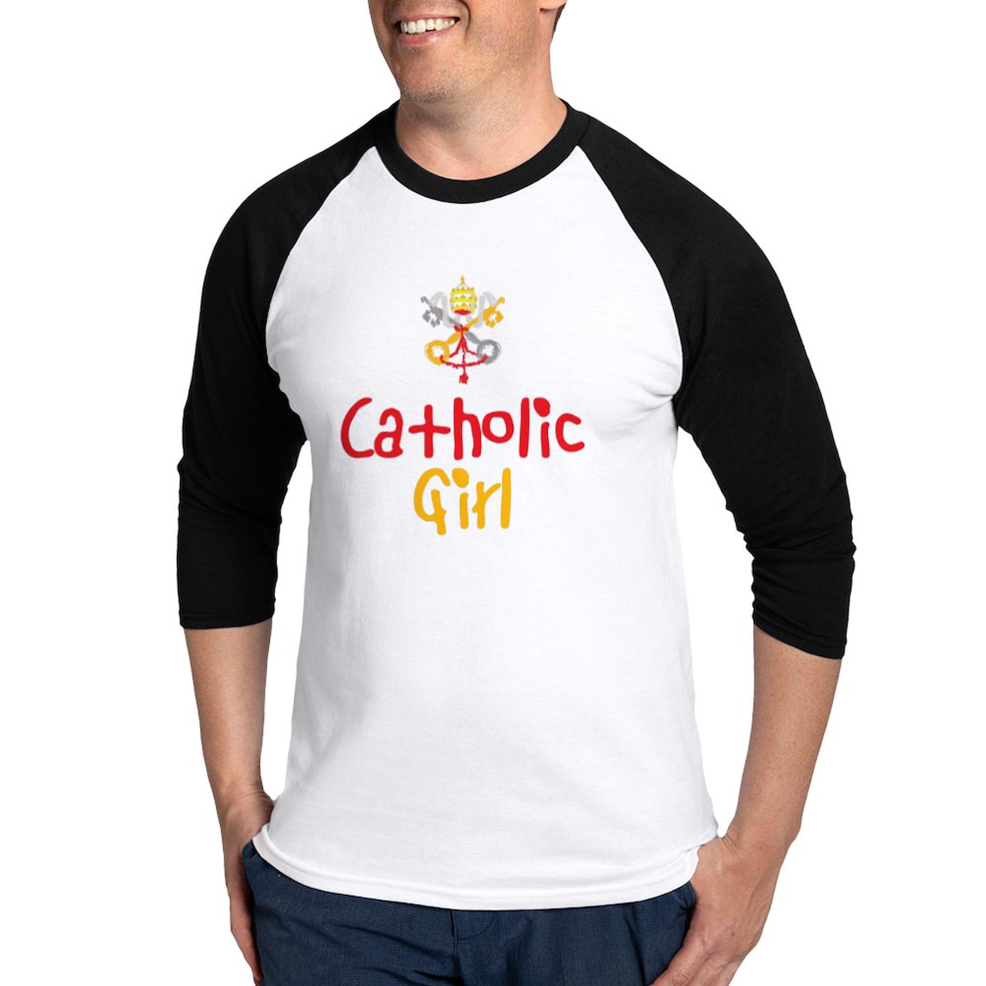 CafePress Catholic Girl Baseball Jersey Men's Cotton Baseball Jersey, 3/4 Raglan Sleeve Shirt Black/White