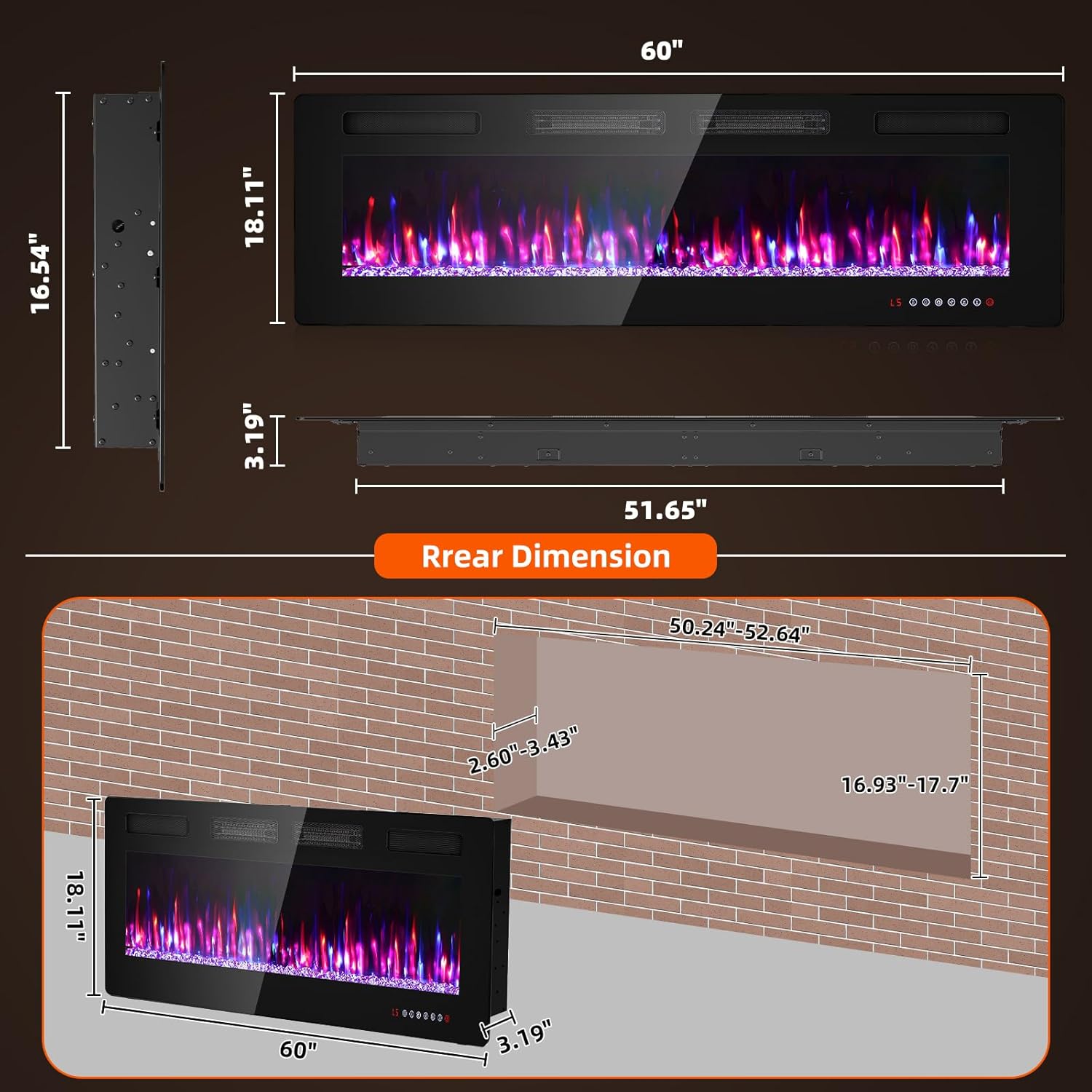Zionheat 60 inch Ultra Thin Electric Fireplace-Wall Fireplace for Living Room-Fireplace Freestanding/Inserts/Wall Mounted with Remote Control, Timer, Dimmer, 12 Flame Colors, 750/1500W