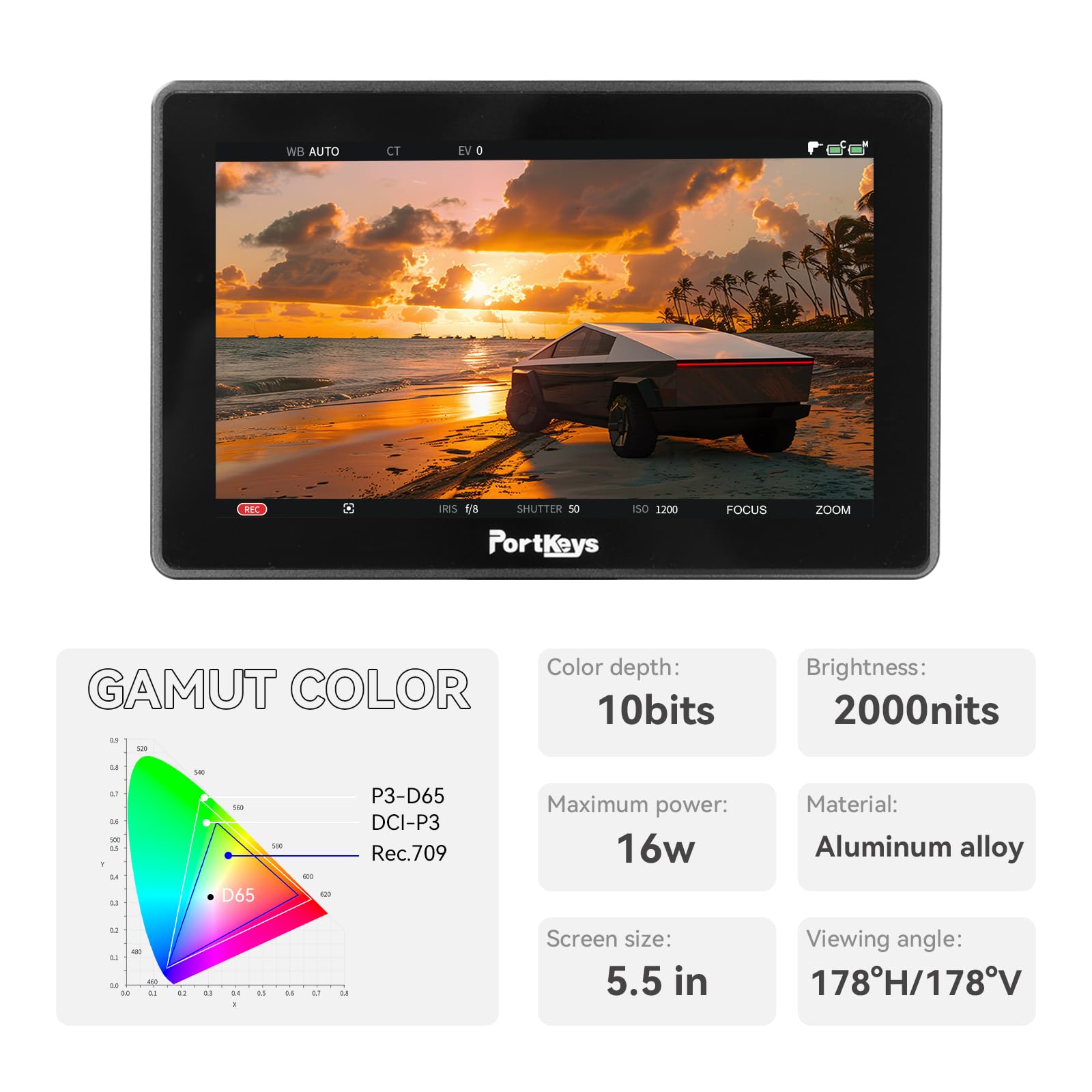 Portkeys BM5IV Moniteur Contrôle Caméra 5,5" 2000nit, Écran Tactile Double, Contrôle Filaire pour S0NY CAN0N Red Arri ZCAM NIK0N BMPCC, Boîtier Aluminium, Mode Log Manuel