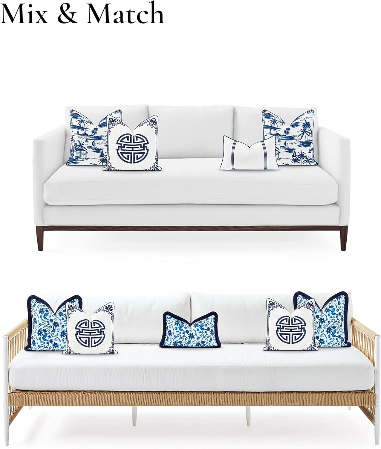 Hofdeco Premium Coastal Hampton Style Patio Indoor Outdoor Throw Pillow Cover Only, 18"x18" Water Resistant for Backyard, Couch, Navy Blue Embroidered Longevity Symbol